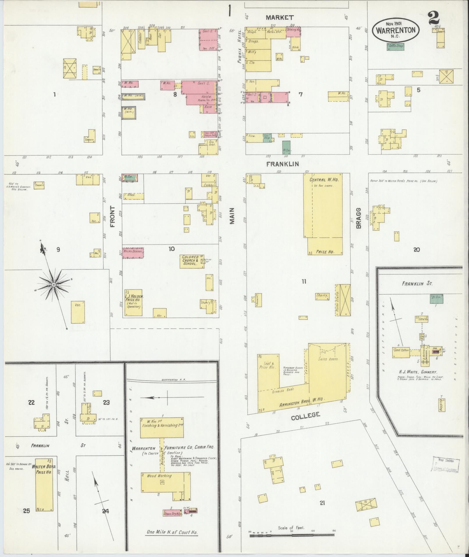 Sanborn Fire Insurance Map from Warrenton, Warren County, North Carolina (1901), Sheet #0002 - Historic Sanborn Fire Insurance Map Print, vintage old map wall art, antique decor, genealogy gift, North Carolina North Carolina map