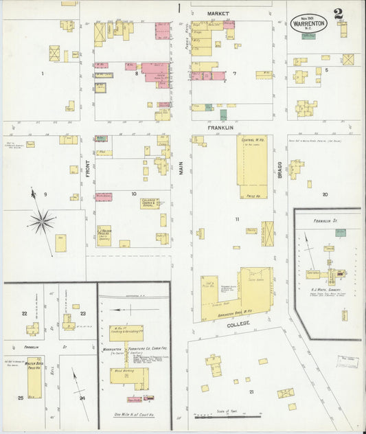 Sanborn Fire Insurance Map from Warrenton, Warren County, North Carolina (1901), Sheet #0002 - Historic Sanborn Fire Insurance Map Print, vintage old map wall art, antique decor, genealogy gift, North Carolina North Carolina map
