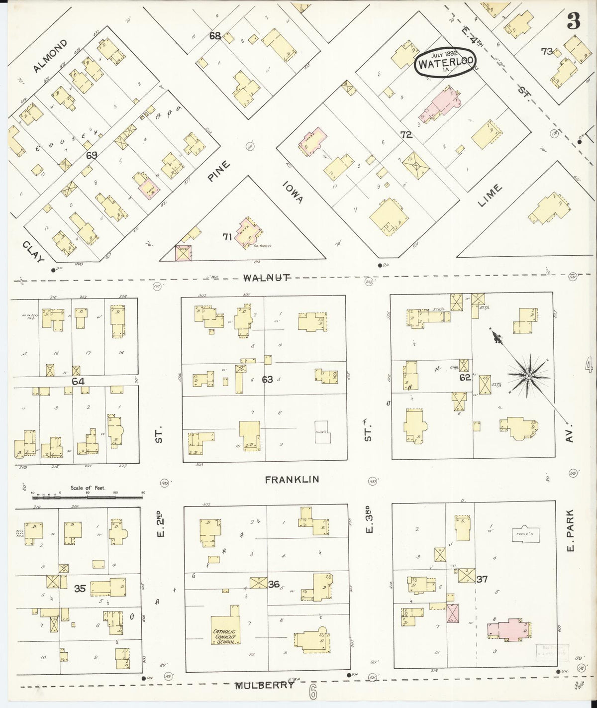 Sanborn Fire Insurance Map from Waterloo, Black Hawk County, Iowa (1892), Sheet #0003 - Historic Sanborn Fire Insurance Map Print, vintage old map wall art