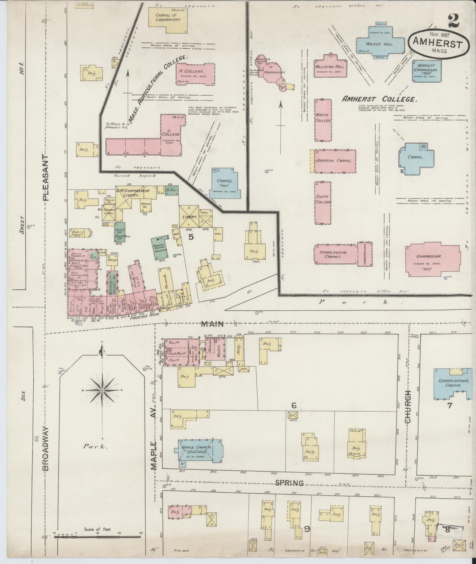 Sanborn Fire Insurance Map from Amherst, Hampshire County, Massachusetts (1887), Sheet #0002 - Complete Map Set gallery image, historic Sanborn map, vintage wall art, Massachusetts Massachusetts