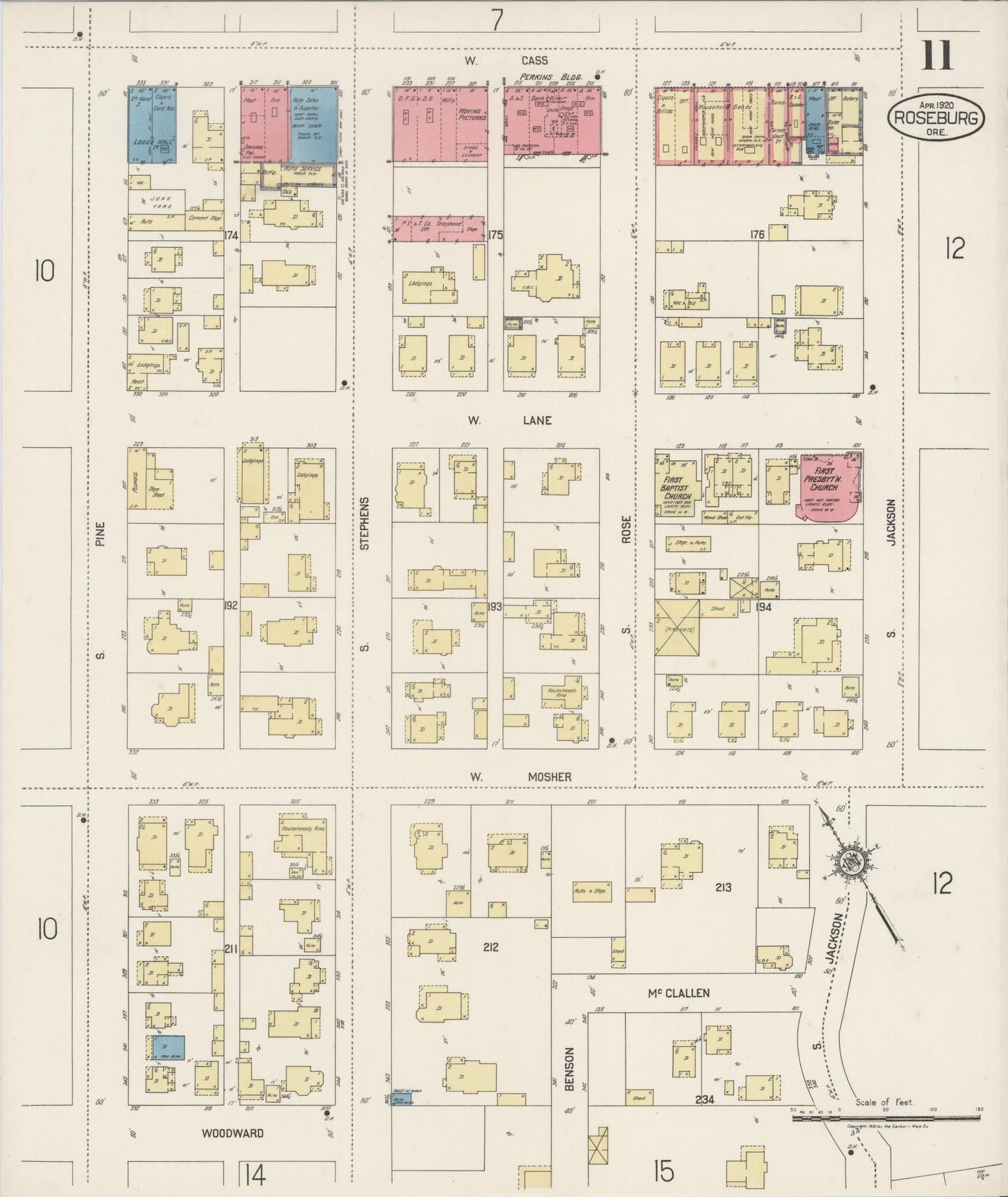 Sanborn Fire Insurance Map from Roseburg, Douglas County, Oregon (1920), Sheet #0011 - Historic Sanborn Fire Insurance Map Print, vintage old map wall art, antique decor, genealogy gift, Oregon Oregon map