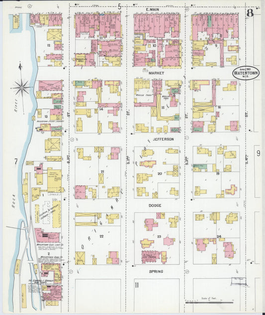Sanborn Fire Insurance Map from Watertown, Jefferson County, Wisconsin (1901), Sheet #0008 - Historic Sanborn Fire Insurance Map Print, vintage old map wall art, antique decor, genealogy gift, Wisconsin Wisconsin map