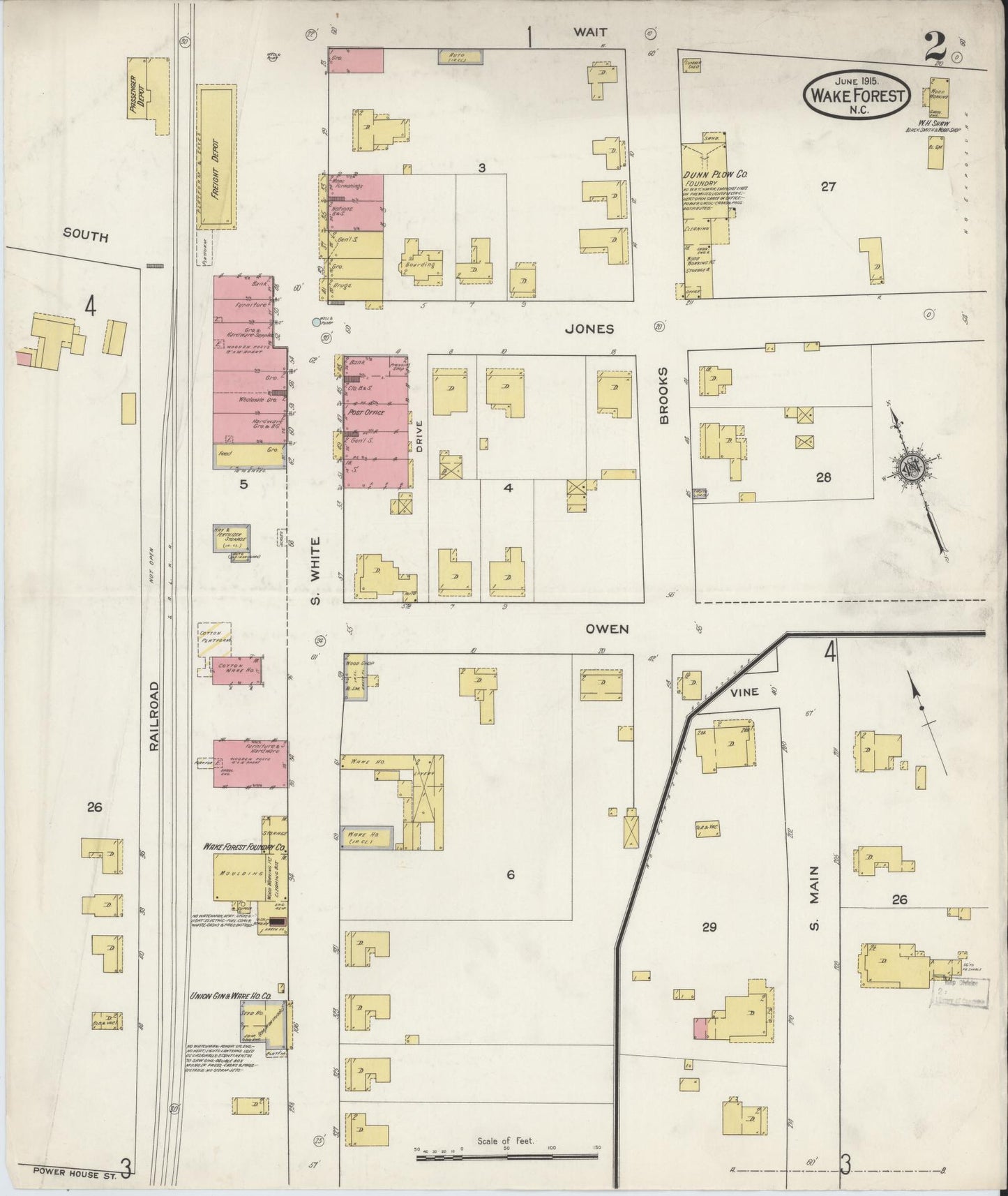 Sanborn Fire Insurance Map from Wake Forest, Wake County, North Carolina (1915), Sheet #0002 - Historic Sanborn Fire Insurance Map Print, vintage old map wall art, antique decor, genealogy gift, North Carolina North Carolina map