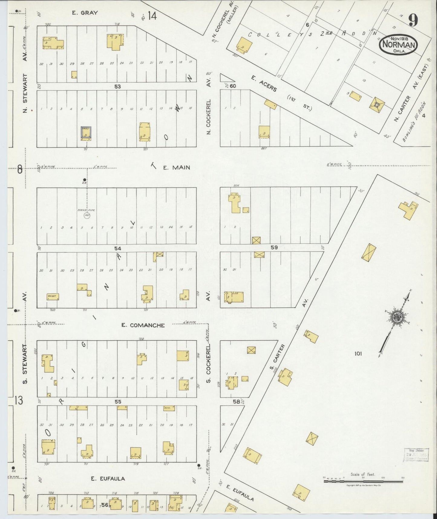Sanborn Fire Insurance Map from Norman, Cleveland County, Oklahoma (1918), Sheet #0009 - Complete Map Set gallery image, historic Sanborn map, vintage wall art, Oklahoma Oklahoma