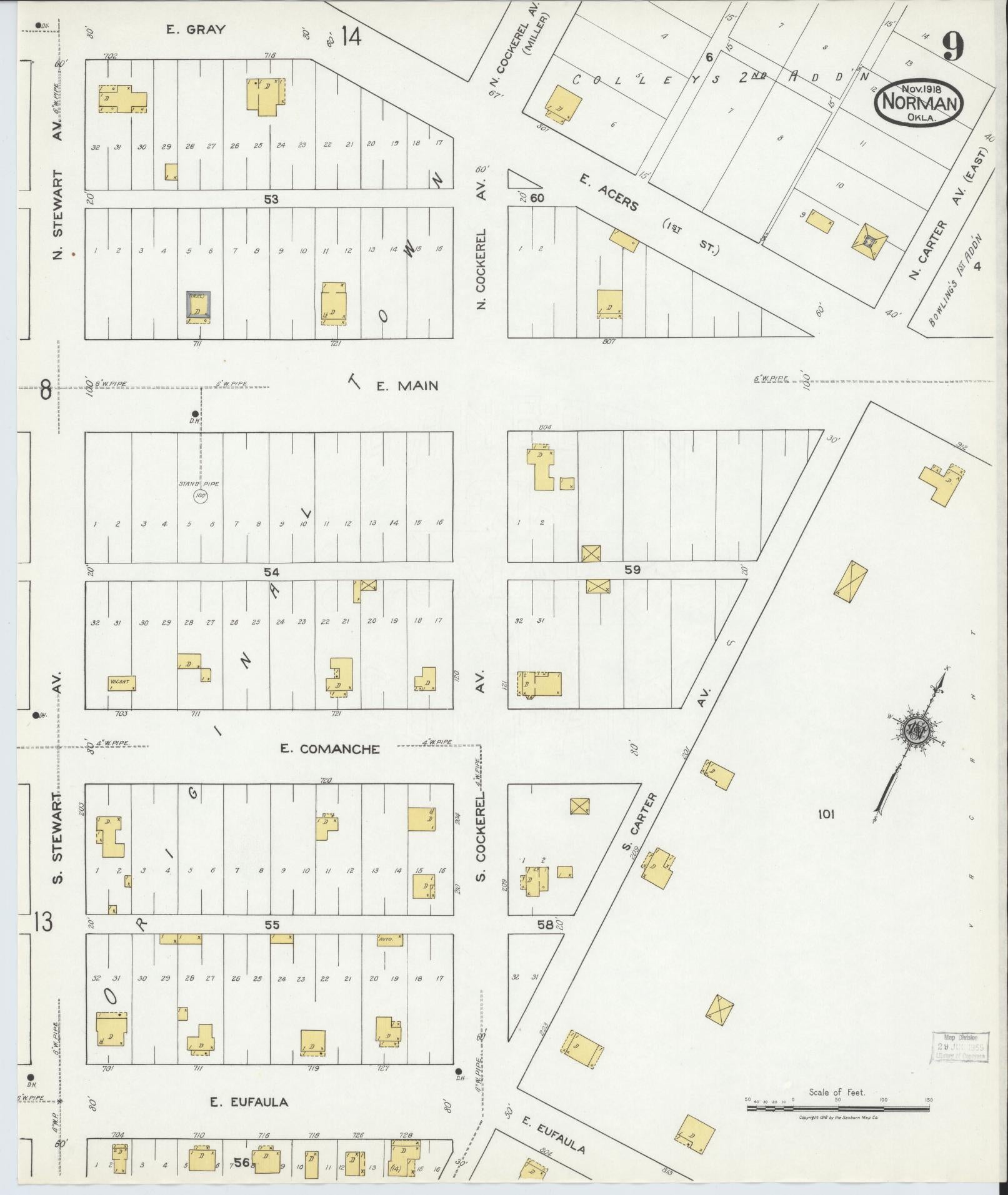 Sanborn Fire Insurance Map from Norman, Cleveland County, Oklahoma (1918), Sheet #0009 - Complete Map Set gallery image, historic Sanborn map, vintage wall art, Oklahoma Oklahoma