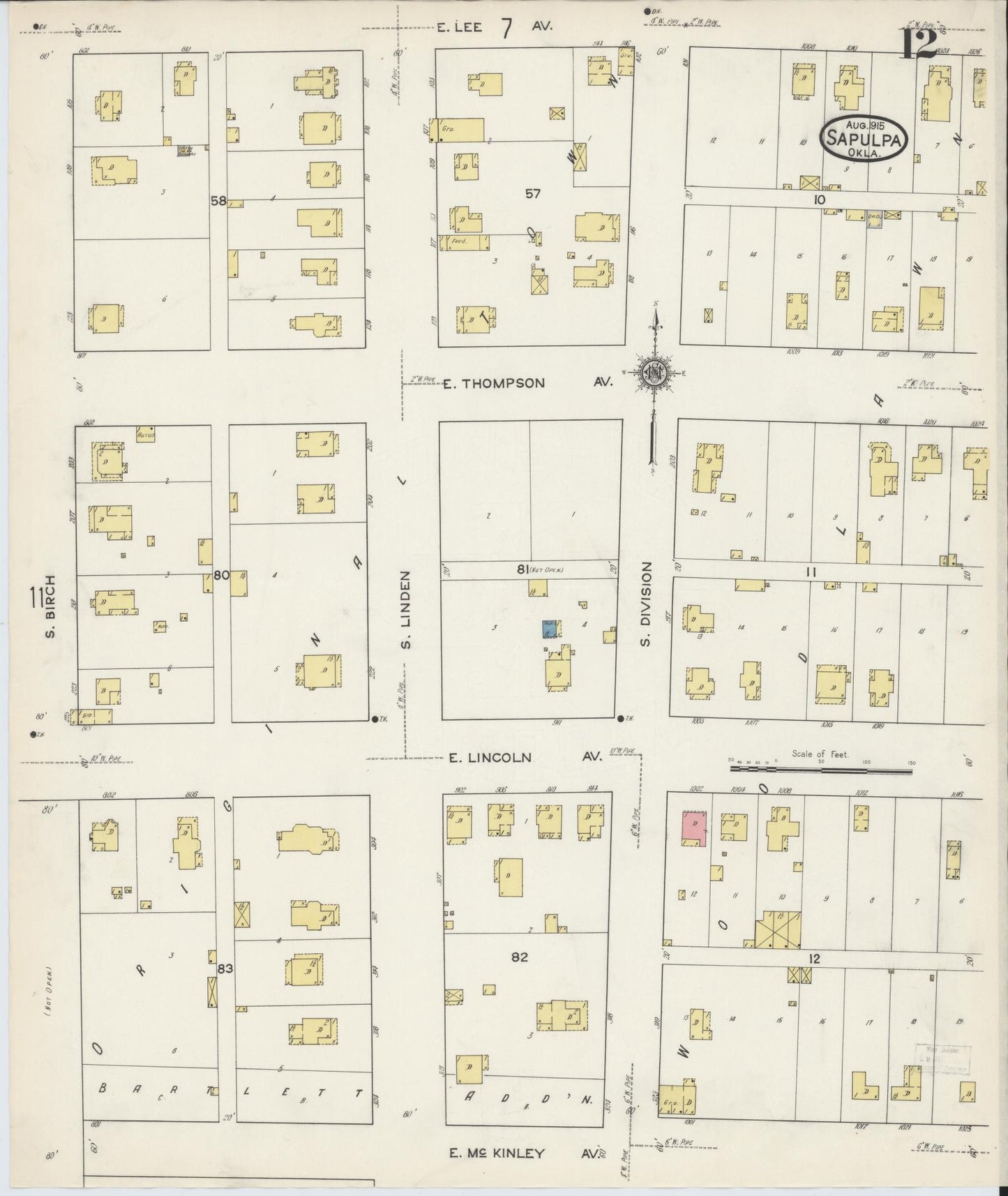 Sanborn Fire Insurance Map from Sapulpa, Creek County, Oklahoma (1915), Sheet #0012 - Complete Map Set gallery image, historic Sanborn map, vintage wall art, Oklahoma Oklahoma