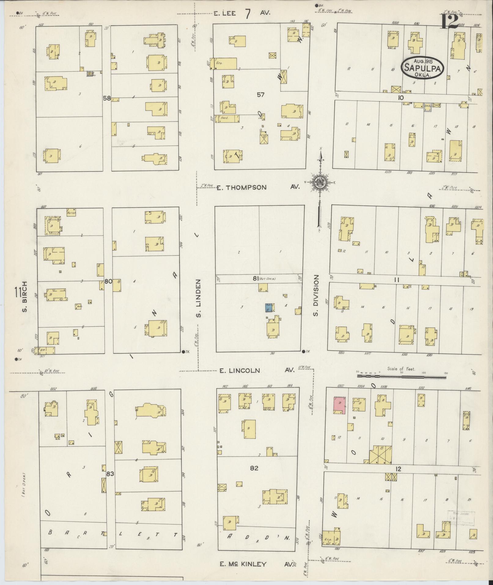 Sanborn Fire Insurance Map from Sapulpa, Creek County, Oklahoma (1915), Sheet #0012 - Complete Map Set gallery image, historic Sanborn map, vintage wall art, Oklahoma Oklahoma
