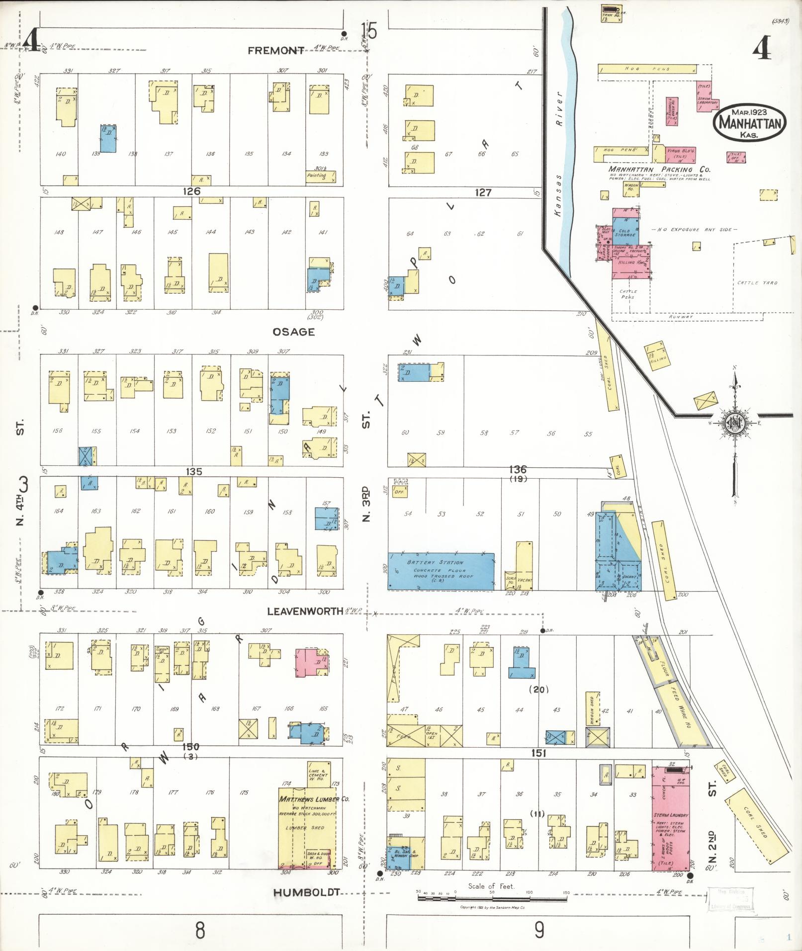 Sanborn Fire Insurance Map from Manhattan, Riley County, Kansas (1923), Sheet #0004 - Historic Sanborn Fire Insurance Map Print, vintage old map wall art, antique decor, genealogy gift, Kansas Kansas map