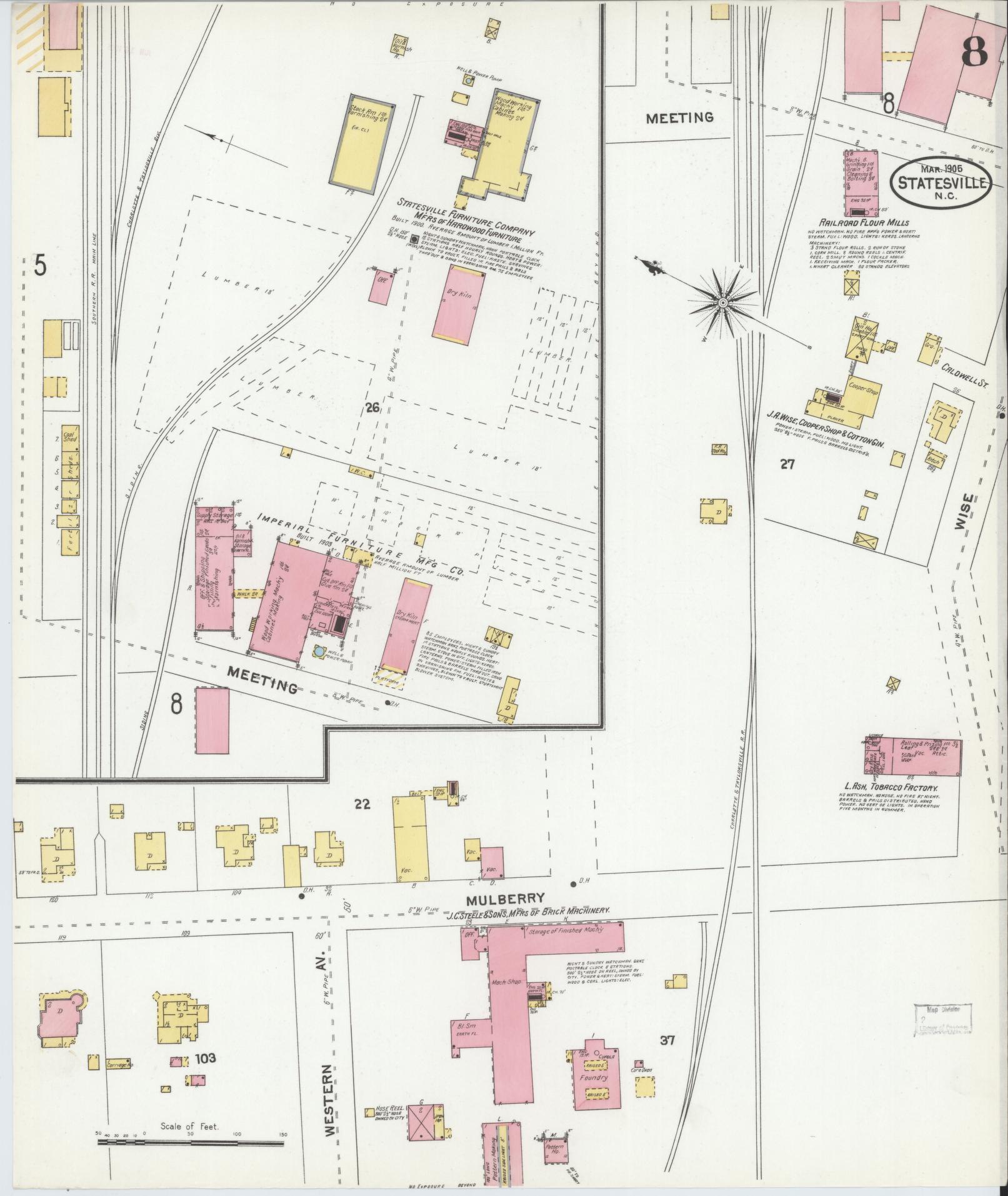 Sanborn Fire Insurance Map from Statesville, Iredell County, North Carolina (1905), Sheet #0008 - Complete Map Set gallery image, historic Sanborn map, vintage wall art, North Carolina North Carolina
