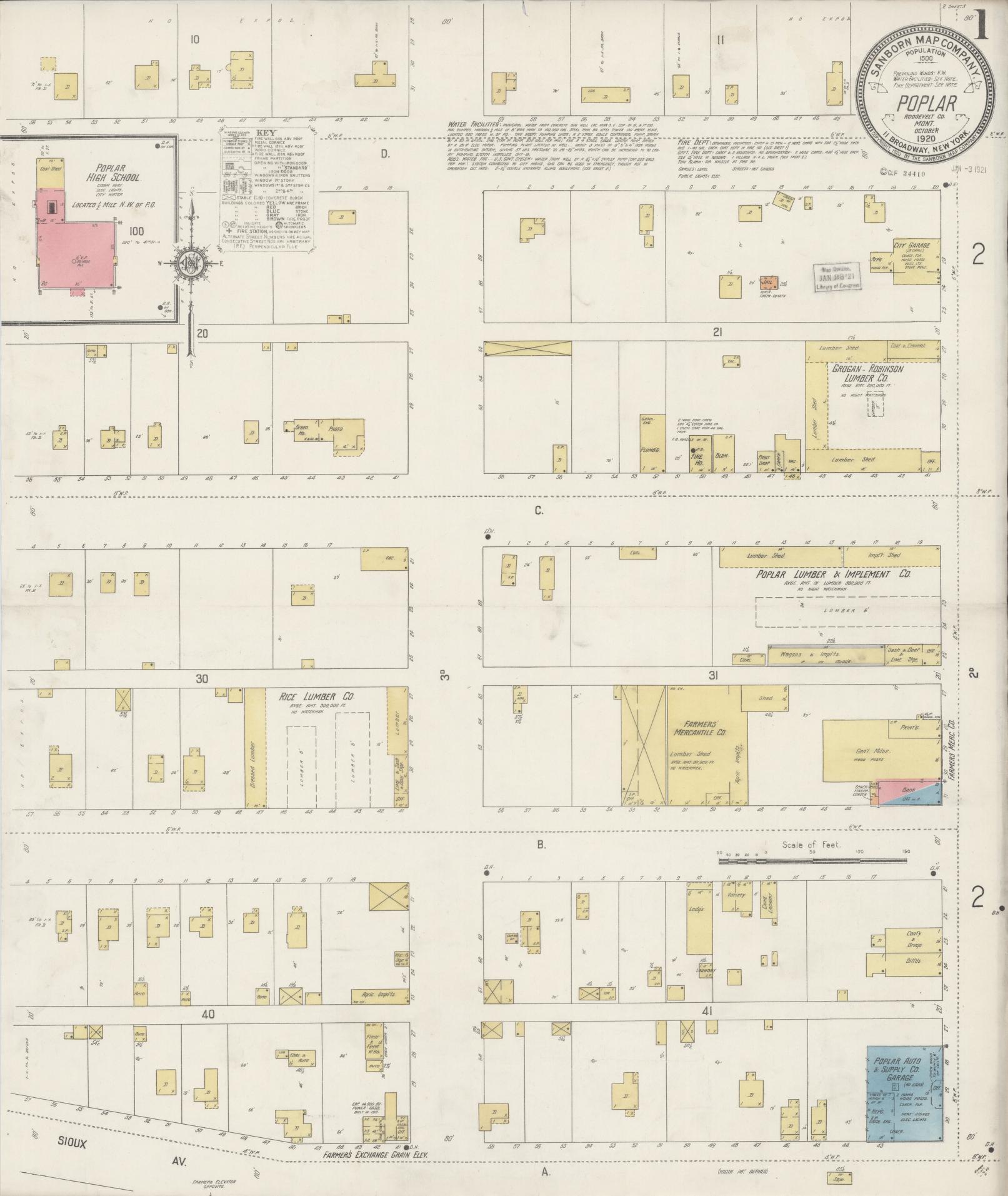 Sanborn Fire Insurance Map from Poplar, Roosevelt County, Montana (1920), Sheet #0001 - Complete Map Set gallery image, historic Sanborn map, vintage wall art, Montana Montana