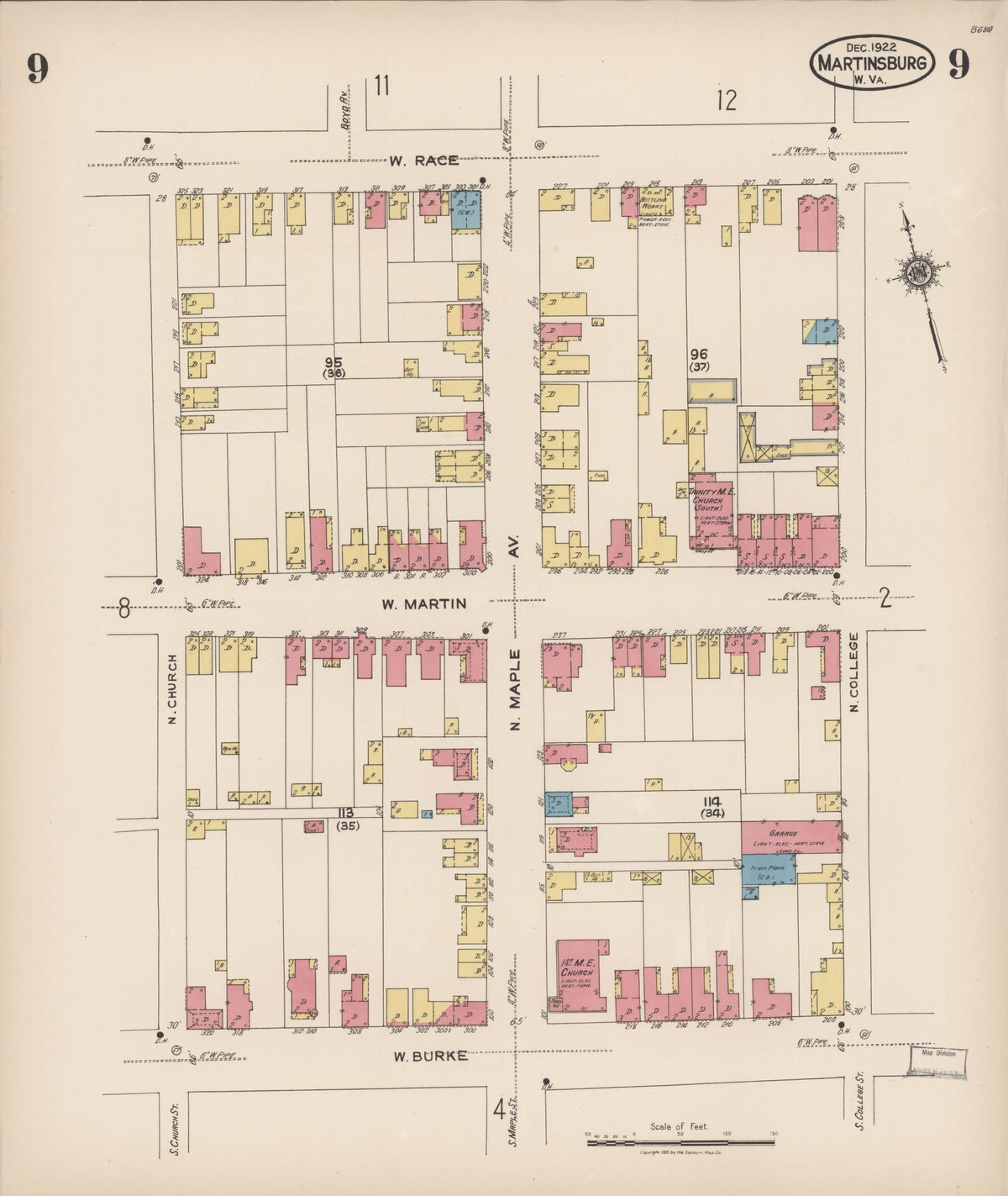Sanborn Fire Insurance Map from Martinsburg, Berkeley County, West Virginia (1922), Sheet #0009 - Complete Map Set gallery image, historic Sanborn map, vintage wall art, West Virginia West Virginia