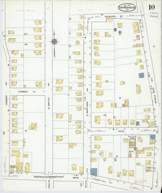 Sanborn Fire Insurance Map from Port Washington, Nassau County, New York (1919), Sheet #0010 - Historic Sanborn Fire Insurance Map Print, vintage old map wall art, antique decor, genealogy gift, New York New York map