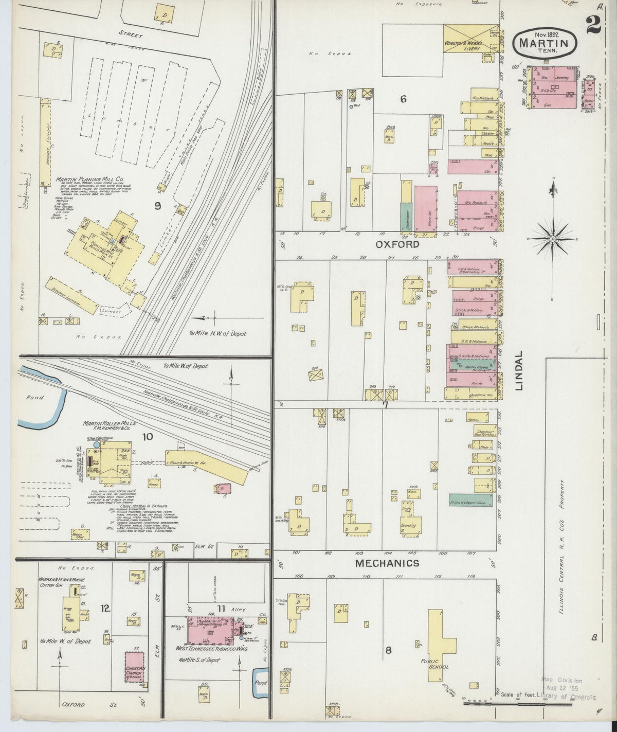 Sanborn Fire Insurance Map from Martin, Weakley County, Tennessee (1892), Sheet #0002 - Historic Sanborn Fire Insurance Map Print, vintage old map wall art, antique decor, genealogy gift, Tennessee Tennessee map