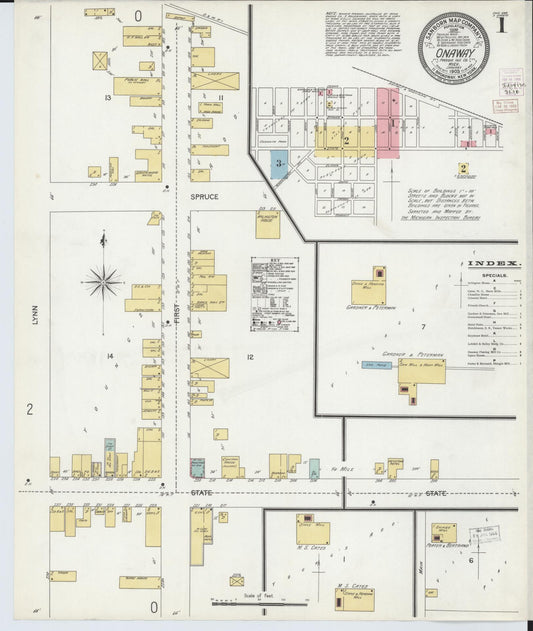 Sanborn Fire Insurance Map from Onaway, Presque Isle County, Michigan (1903), Sheet #0001 - Historic Sanborn Fire Insurance Map Print, vintage old map wall art, antique decor, genealogy gift, Michigan Michigan map