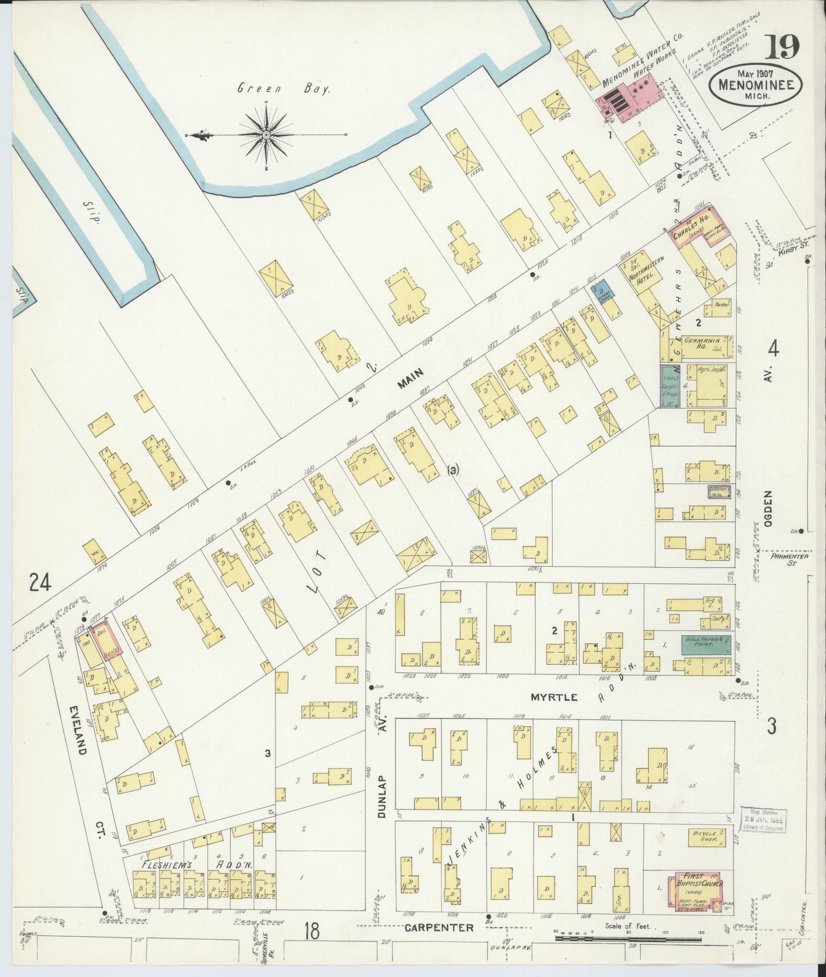 Sanborn Fire Insurance Map from Menominee, Menominee County, Michigan (1907), Sheet #0019 - Complete Map Set gallery image, historic Sanborn map, vintage wall art, Michigan Michigan