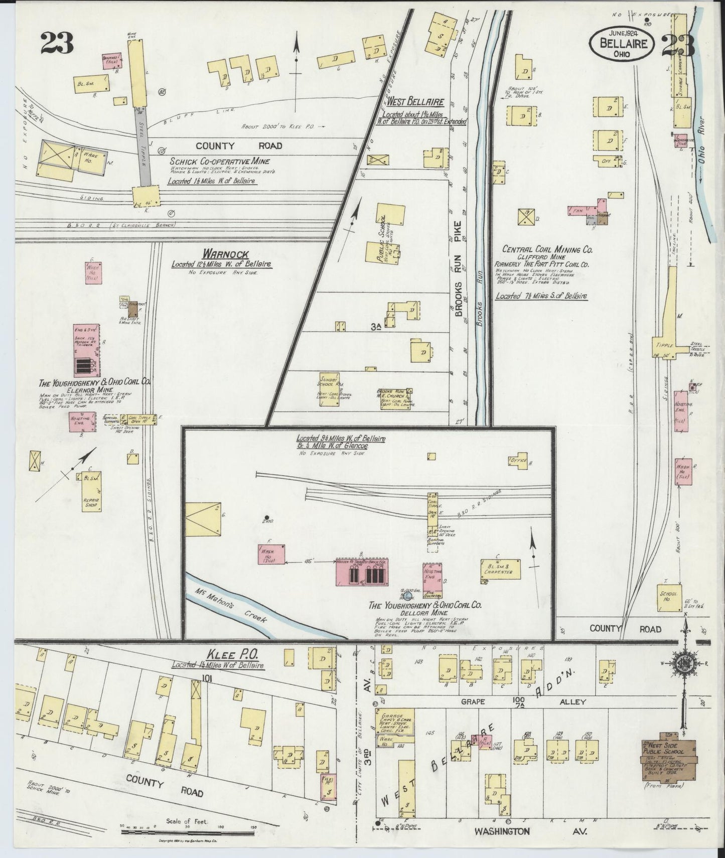 Sanborn Fire Insurance Map from Bellaire, Belmont County, Ohio (1924), Sheet #0023 - Historic Sanborn Fire Insurance Map Print, vintage old map wall art, antique decor, genealogy gift, Ohio Ohio map