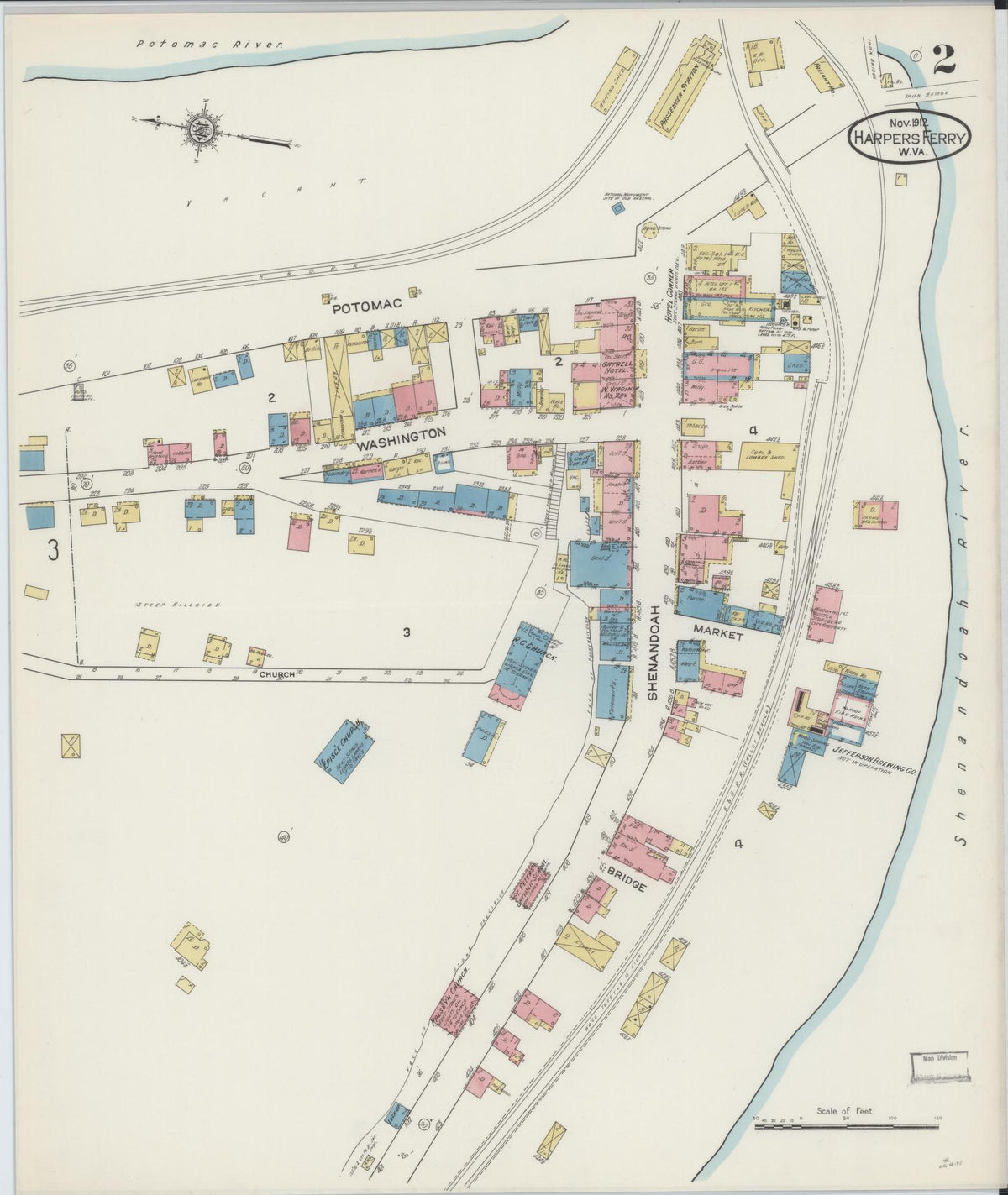 Sanborn Fire Insurance Map from Harpers Ferry, Jefferson County, West Virginia (1912), Sheet #0002 - Complete Map Set gallery image, historic Sanborn map, vintage wall art, West Virginia West Virginia
