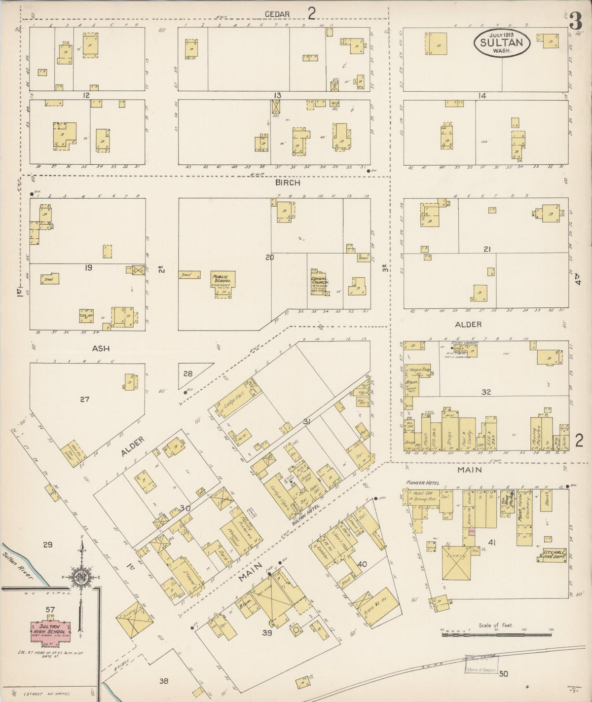 Sanborn Fire Insurance Map from Sultan, Snohomish County, Washington (1913), Sheet #0003 - Historic Sanborn Fire Insurance Map Print, vintage old map wall art, antique decor, genealogy gift, Washington Washington map