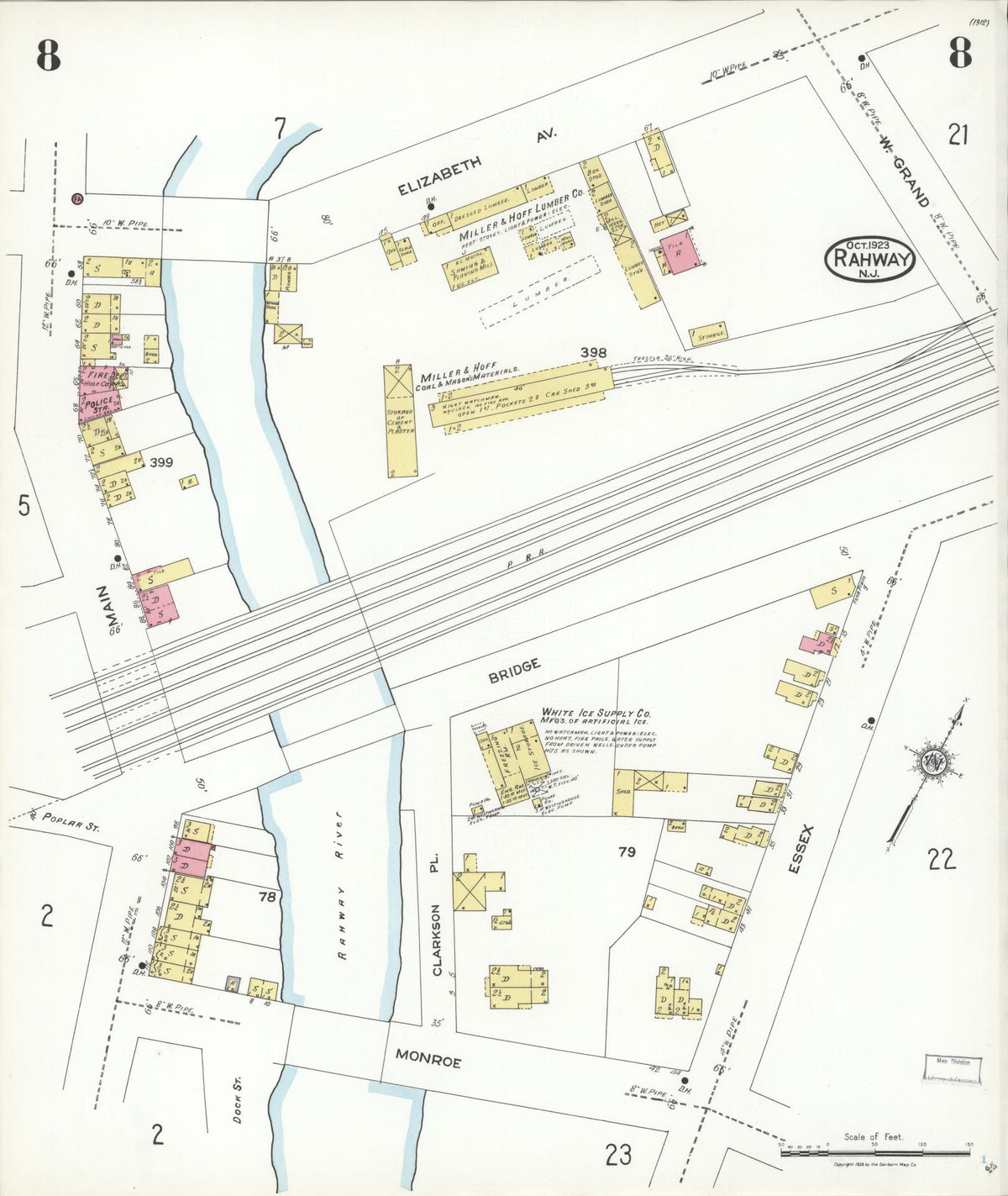 Sanborn Fire Insurance Map from Rahway, Union County, New Jersey (1923), Sheet #0008 - Historic Sanborn Fire Insurance Map Print, vintage old map wall art, antique decor, genealogy gift, New Jersey New Jersey map