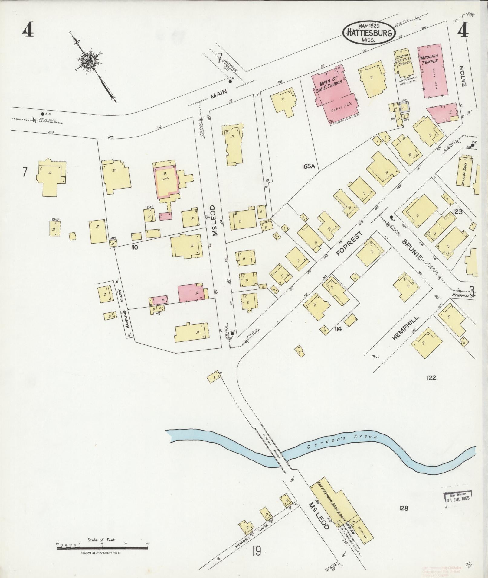 Sanborn Fire Insurance Map from Hattiesburg, Forrest County, Mississippi (1925), Sheet #0004 - Historic Sanborn Fire Insurance Map Print, vintage old map wall art, antique decor, genealogy gift, Mississippi Mississippi map