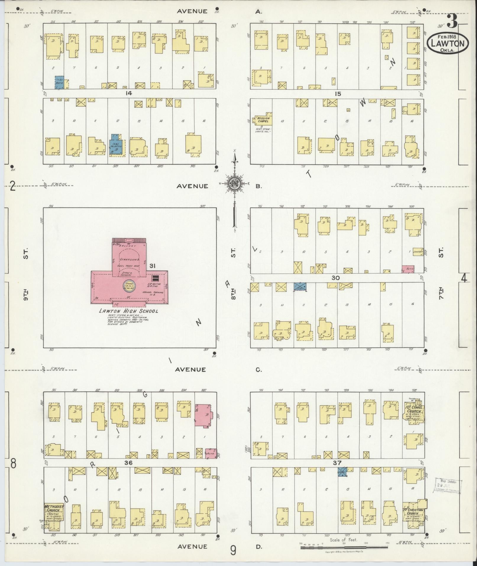Sanborn Fire Insurance Map from Lawton, Comanche County, Oklahoma (1918), Sheet #0003 - Historic Sanborn Fire Insurance Map Print, vintage old map wall art, antique decor, genealogy gift, Oklahoma Oklahoma map