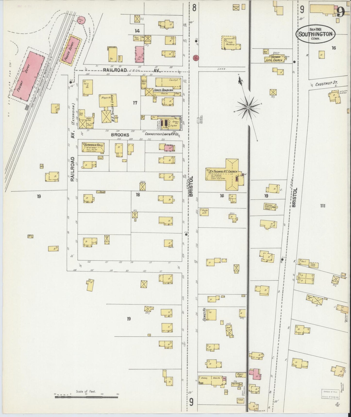 Sanborn Fire Insurance Map from Southington, Hartford County, Connecticut (1901), Sheet #0009 - Historic Sanborn Fire Insurance Map Print, vintage old map wall art, antique decor, genealogy gift, Connecticut Connecticut map