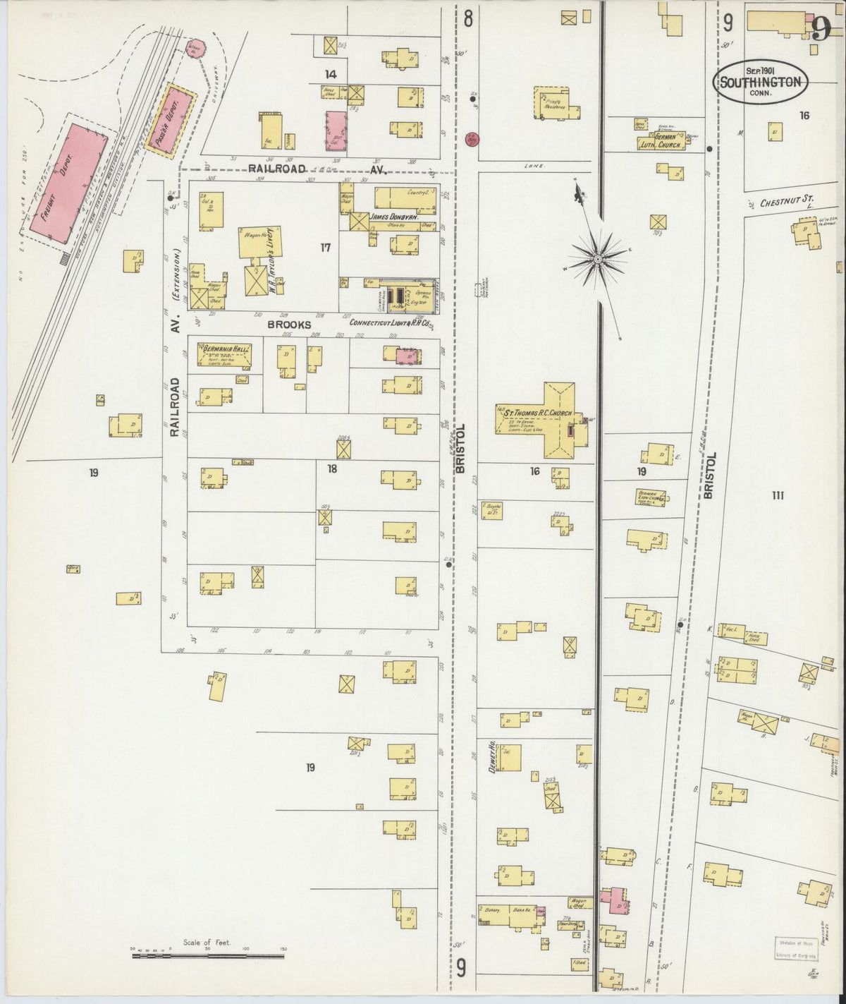 Sanborn Fire Insurance Map from Southington, Hartford County, Connecticut (1901), Sheet #0009 - Historic Sanborn Fire Insurance Map Print, vintage old map wall art, antique decor, genealogy gift, Connecticut Connecticut map