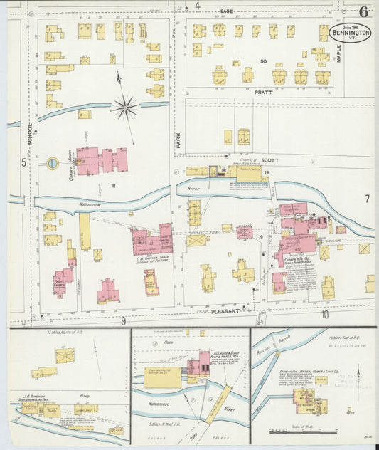 Sanborn Fire Insurance Map from Bennington, Bennington County, Vermont (1906), Sheet #0006 - Historic Sanborn Fire Insurance Map Print, vintage old map wall art, antique decor, genealogy gift, Vermont Vermont map