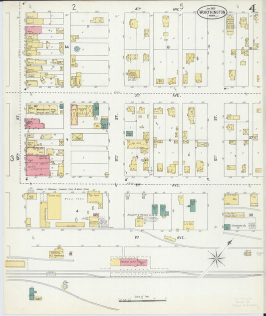 Sanborn Fire Insurance Map from Worthington, Nobles County, Minnesota (1900), Sheet #0004 - Historic Sanborn Fire Insurance Map Print, vintage old map wall art, antique decor, genealogy gift, Minnesota Minnesota map
