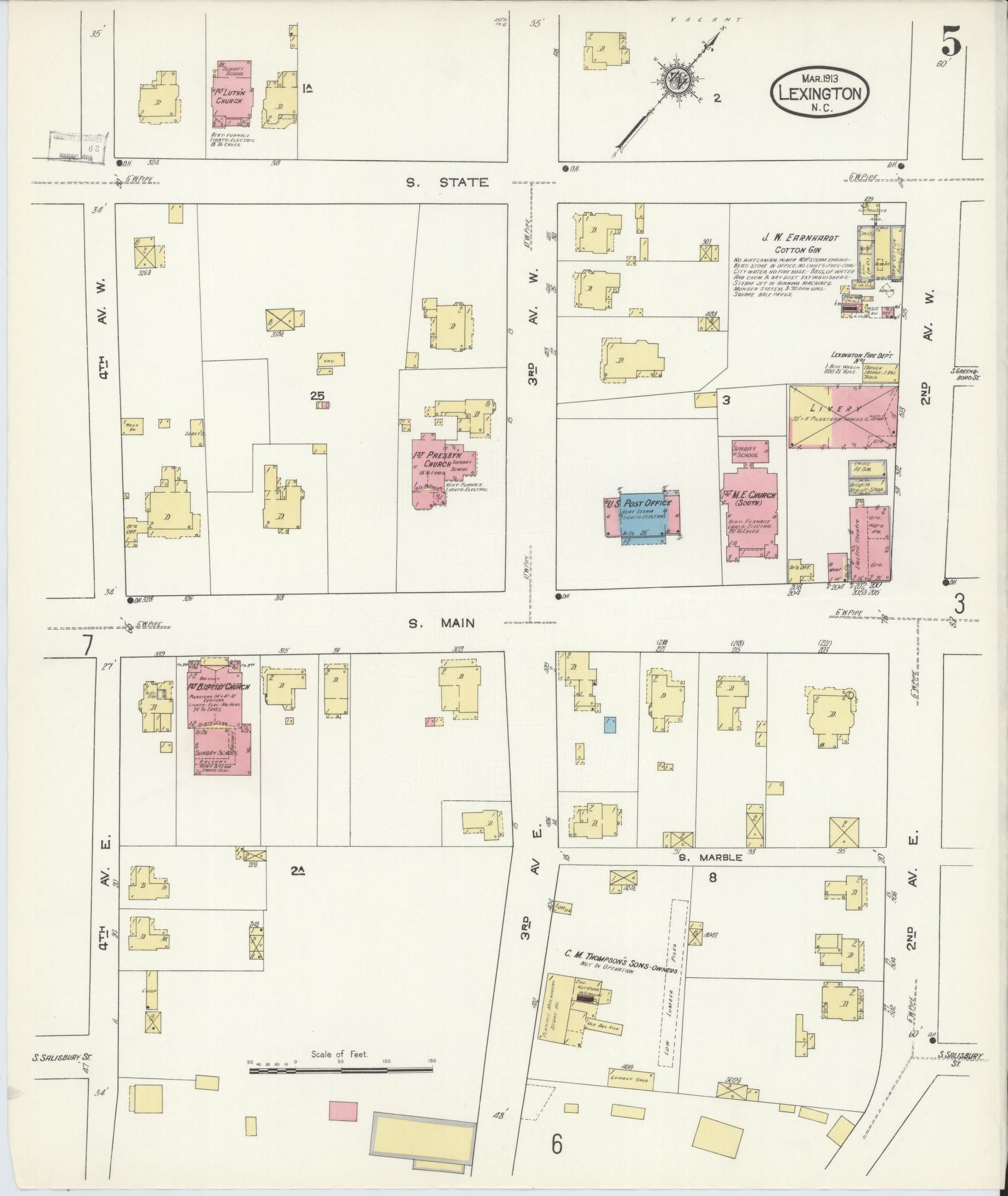 Sanborn Fire Insurance Map from Lexington, Davidson County, North Carolina (1913), Sheet #0005 - Historic Sanborn Fire Insurance Map Print, vintage old map wall art, antique decor, genealogy gift, North Carolina North Carolina map