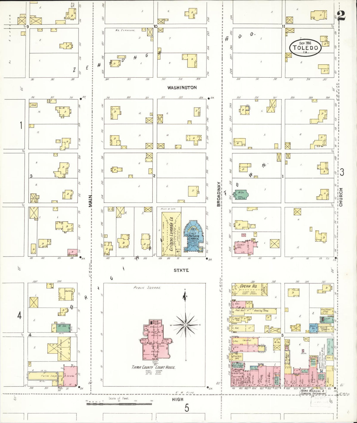 Sanborn Fire Insurance Map from Toledo, Tama County, Iowa (1906), Sheet #0002 - Historic Sanborn Fire Insurance Map Print, vintage old map wall art