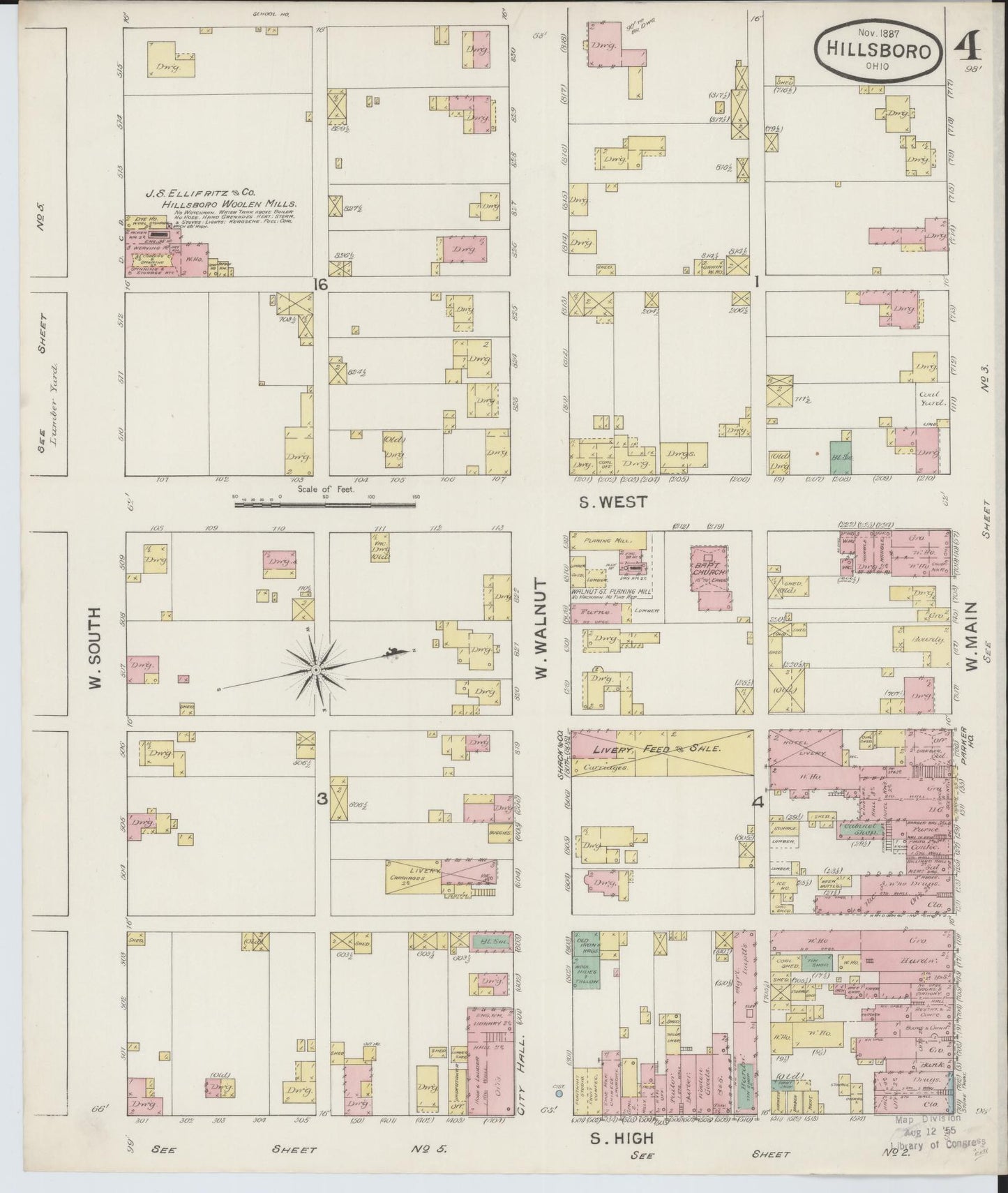 Sanborn Fire Insurance Map from Hillsboro, Highland County, Ohio (1887), Sheet #0004 - Complete Map Set gallery image, historic Sanborn map, vintage wall art, Ohio Ohio