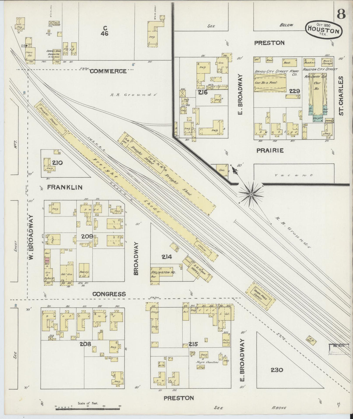 Sanborn Fire Insurance Map from Houston, Harris County, Texas (1890), Sheet #0008 - Complete Map Set gallery image, historic Sanborn map, vintage wall art, Texas Texas