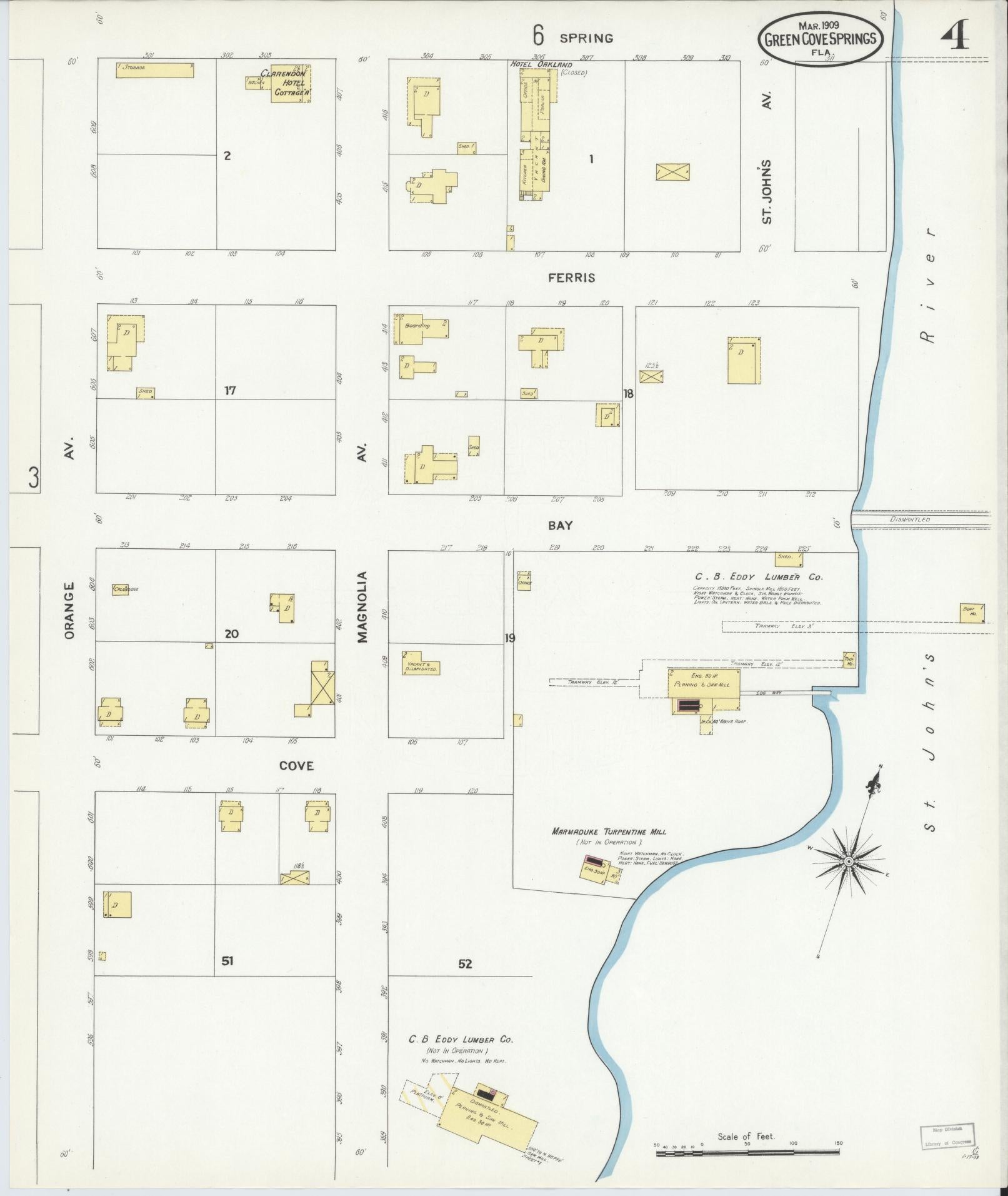 Sanborn Fire Insurance Map from Green Cove Springs, Clay County, Florida (1909), Sheet #0004 - Complete Map Set gallery image, historic Sanborn map, vintage wall art, Florida Florida
