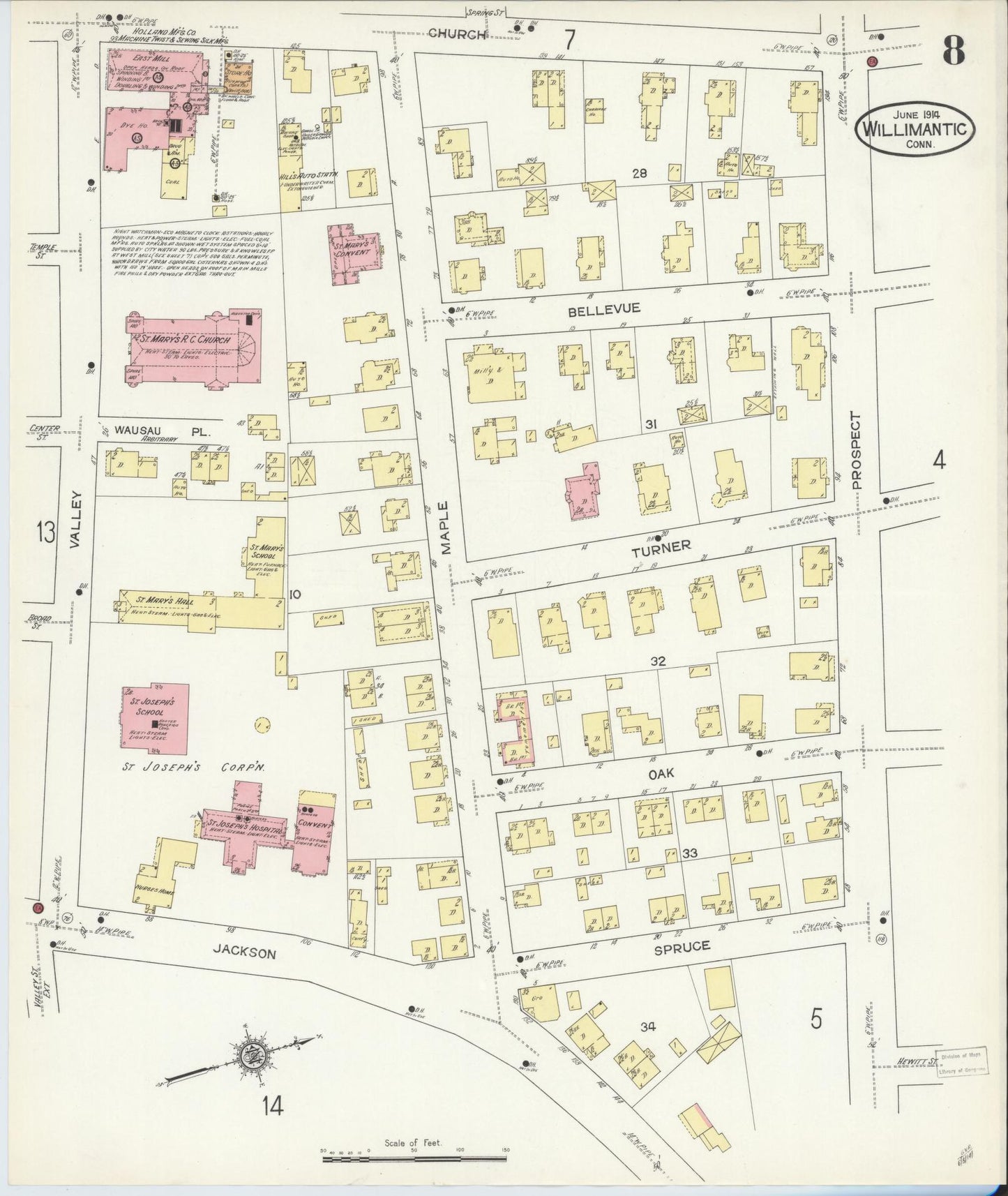 Sanborn Fire Insurance Map from Willimantic, Windham County, Connecticut (1914), Sheet #0008 - Historic Sanborn Fire Insurance Map Print, vintage old map wall art, antique decor, genealogy gift, Connecticut Connecticut map