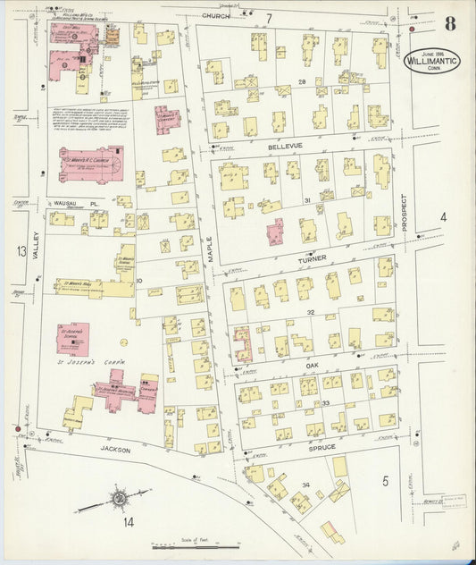 Sanborn Fire Insurance Map from Willimantic, Windham County, Connecticut (1914), Sheet #0008 - Historic Sanborn Fire Insurance Map Print, vintage old map wall art, antique decor, genealogy gift, Connecticut Connecticut map