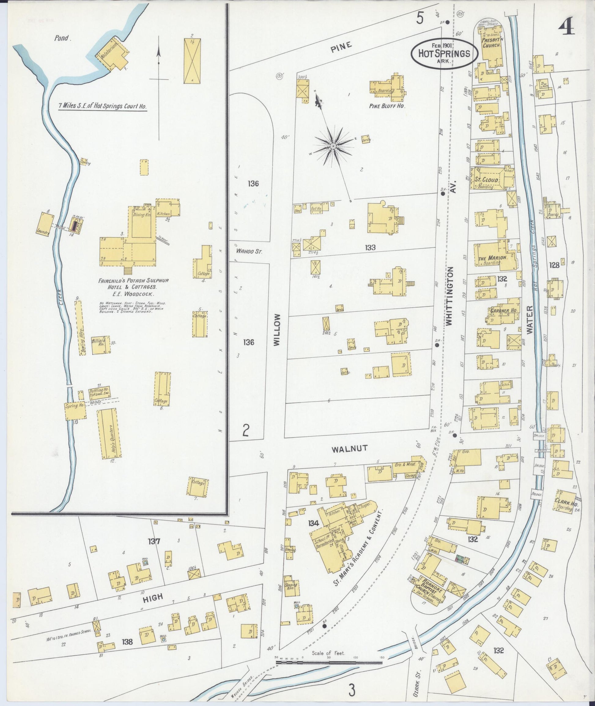 Sanborn Fire Insurance Map from Hot Springs, Garland County, Arkansas (1901), Sheet #0004 - Historic Sanborn Fire Insurance Map Print, vintage old map wall art, antique decor, genealogy gift, Arkansas Arkansas map