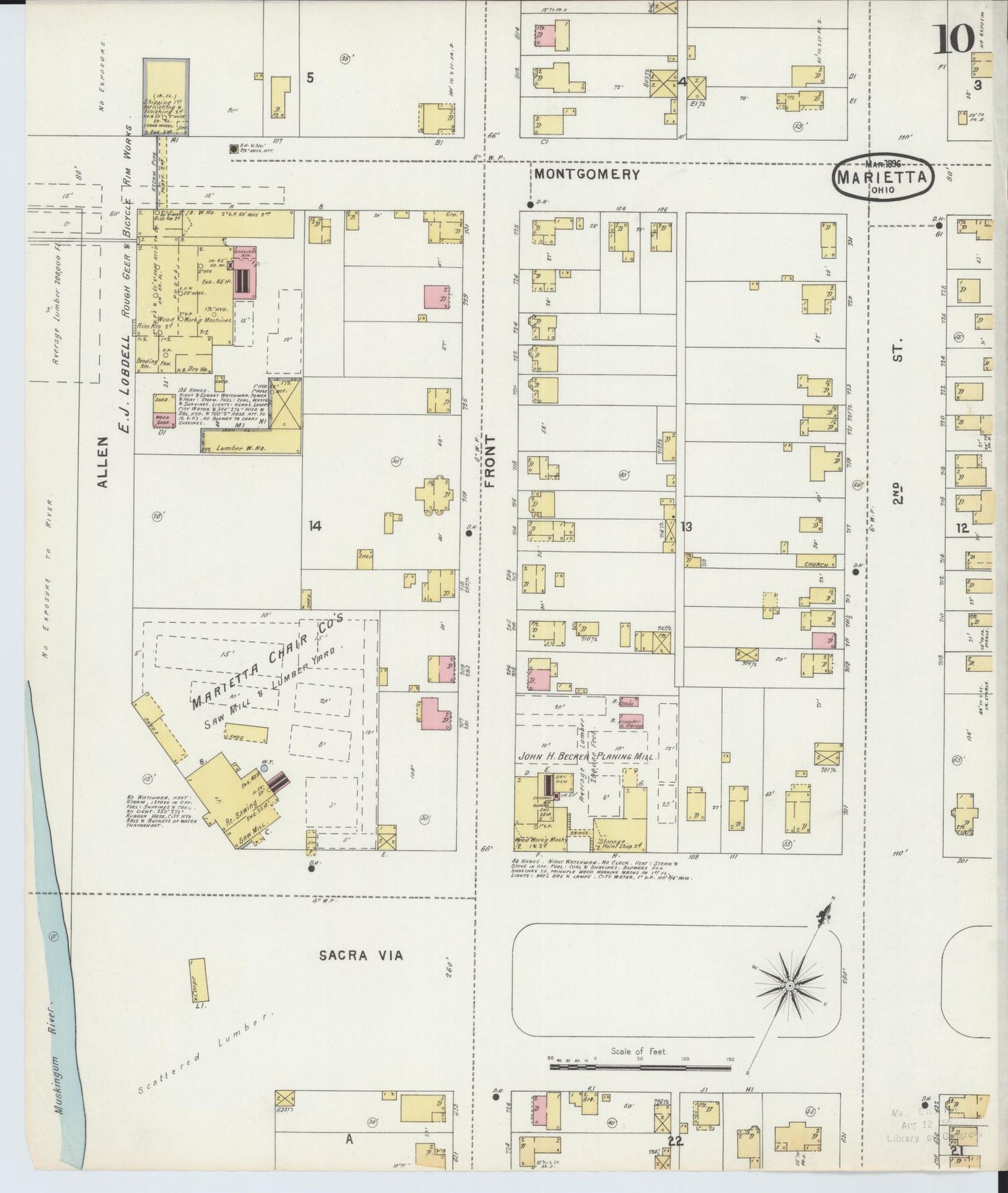 Sanborn Fire Insurance Map from Marietta, Washington County, Ohio (1896), Sheet #0010 - Historic Sanborn Fire Insurance Map Print, vintage old map wall art, antique decor, genealogy gift, Ohio Ohio map