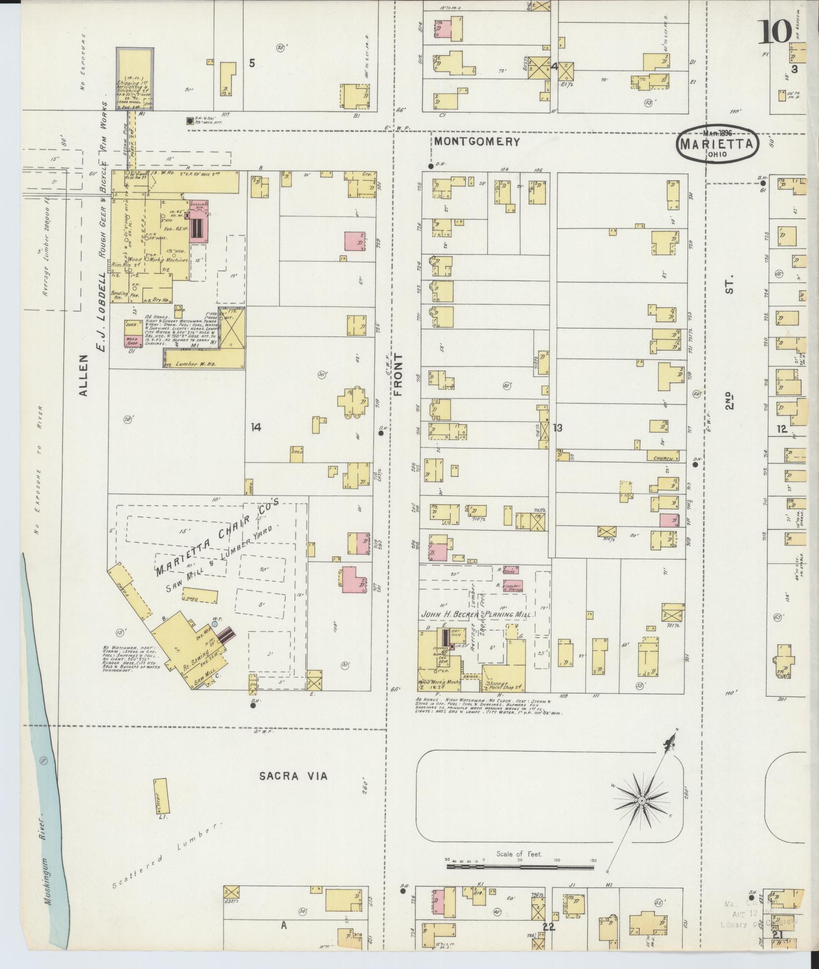 Sanborn Fire Insurance Map from Marietta, Washington County, Ohio (1896), Sheet #0010 - Historic Sanborn Fire Insurance Map Print, vintage old map wall art, antique decor, genealogy gift, Ohio Ohio map