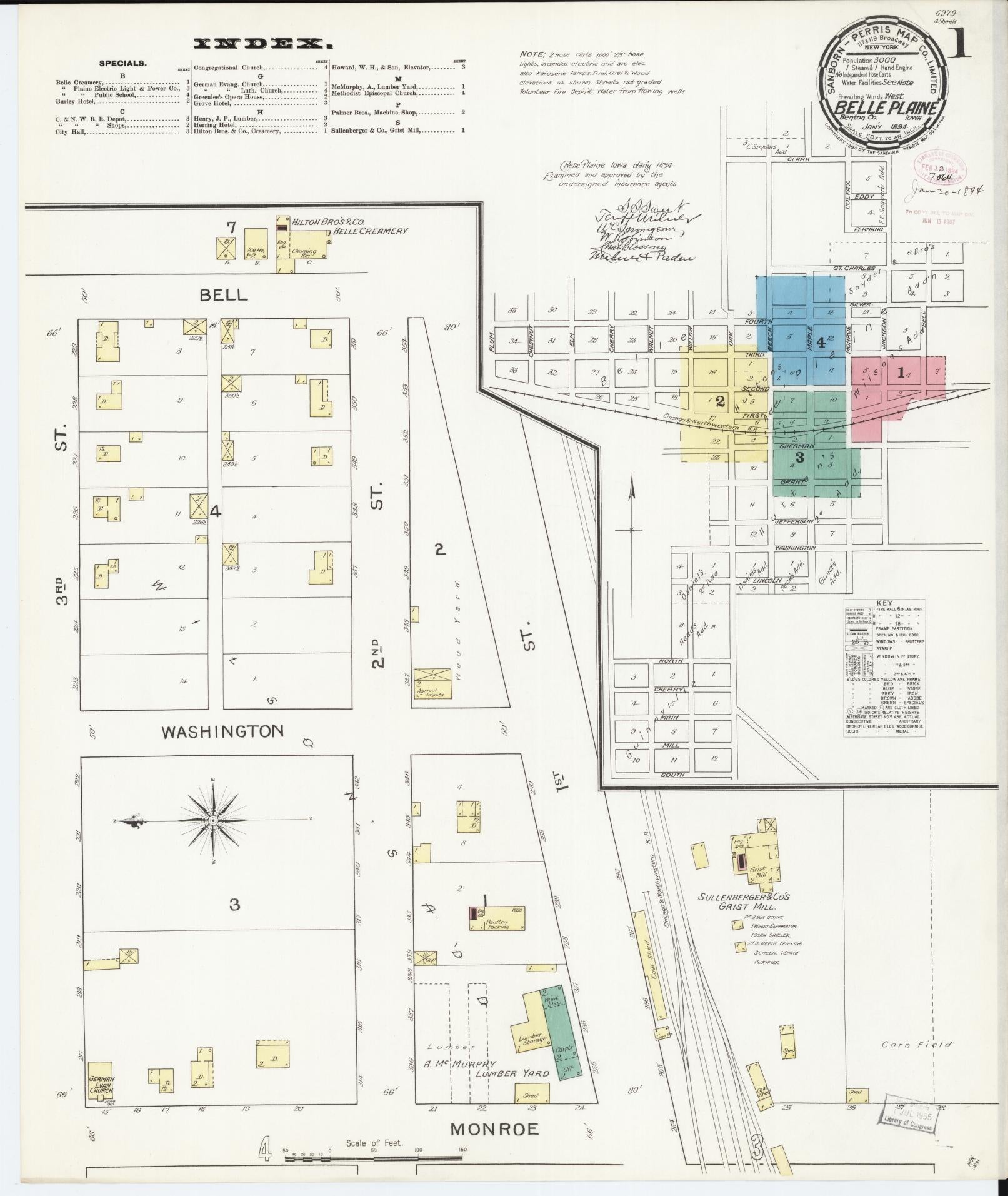 Sanborn Fire Insurance Map from Belle Plaine, Benton County, Iowa (1894), Sheet #0001 - Historic Sanborn Fire Insurance Map Print, vintage old map wall art
