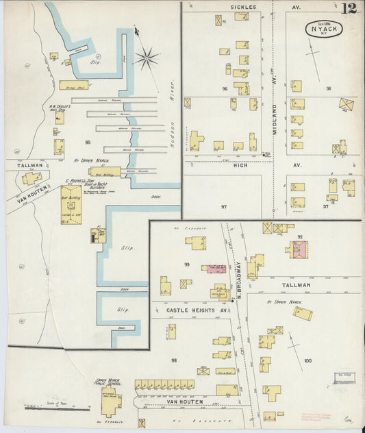 Sanborn Fire Insurance Map from Nyack, Rockland County, New York (1896), Sheet #0012 - Historic Sanborn Fire Insurance Map Print, vintage old map wall art, antique decor, genealogy gift, New York New York map