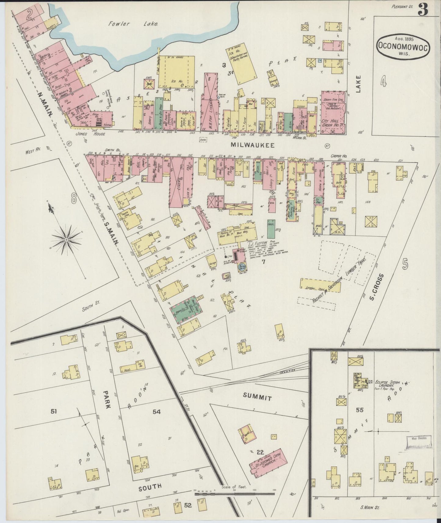 Sanborn Fire Insurance Map from Oconomowoc, Waukesha County, Wisconsin (1895), Sheet #0003 - Historic Sanborn Fire Insurance Map Print, vintage old map wall art, antique decor, genealogy gift, Wisconsin Wisconsin map
