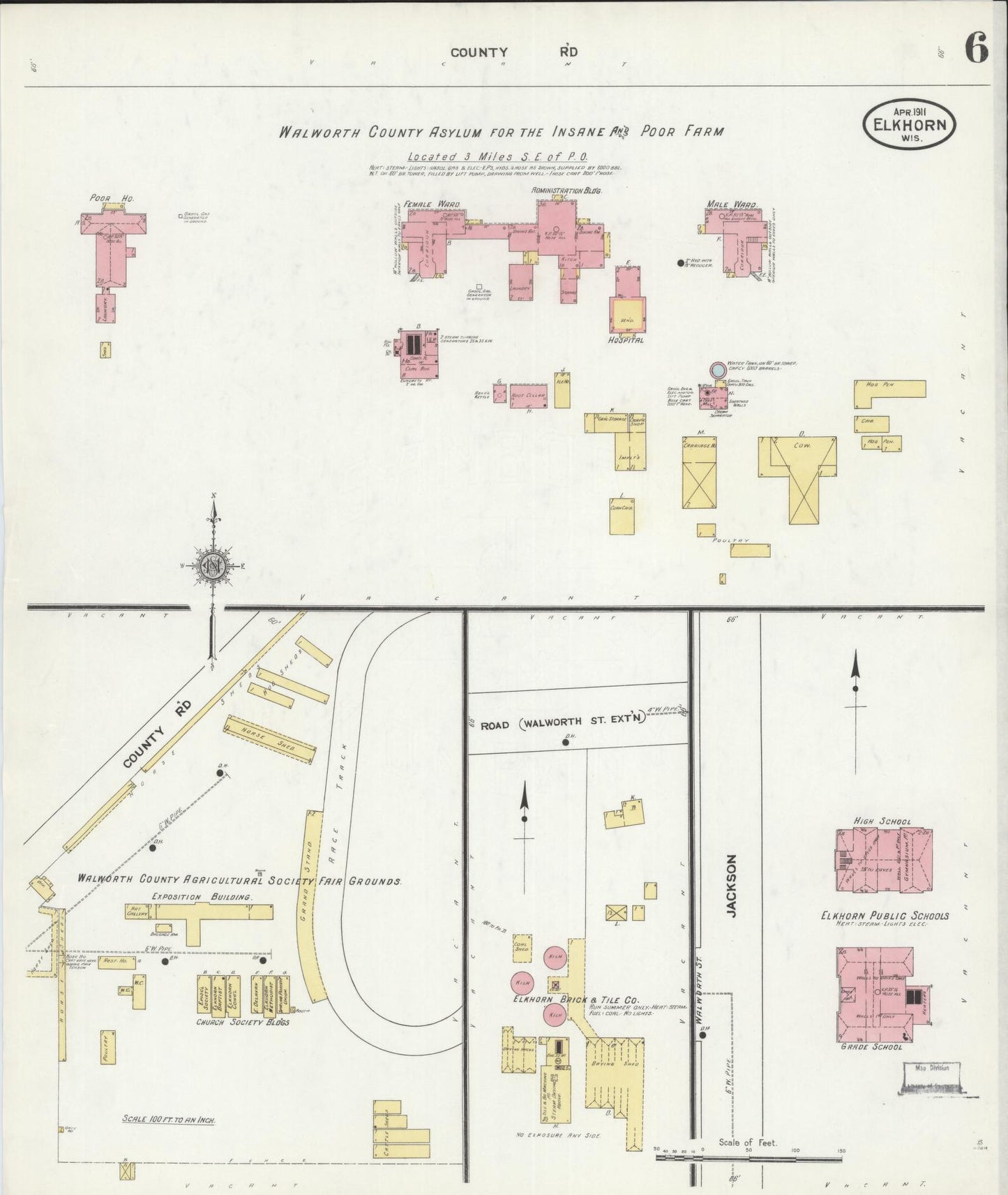 Sanborn Fire Insurance Map from Elkhorn, Walworth County, Wisconsin (1911), Sheet #0006 - Historic Sanborn Fire Insurance Map Print, vintage old map wall art, antique decor, genealogy gift, Wisconsin Wisconsin map