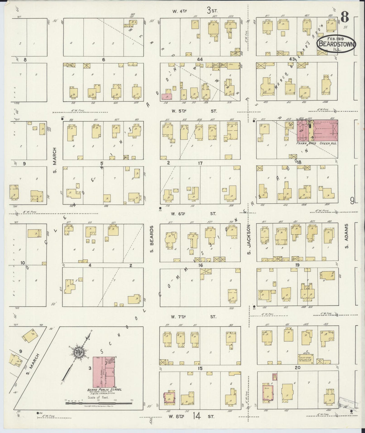Sanborn Fire Insurance Map from Beardstown, Cass County, Illinois (1919), Sheet #0008 - Historic Sanborn Fire Insurance Map Print, vintage old map wall art, antique decor, genealogy gift, Illinois Illinois map