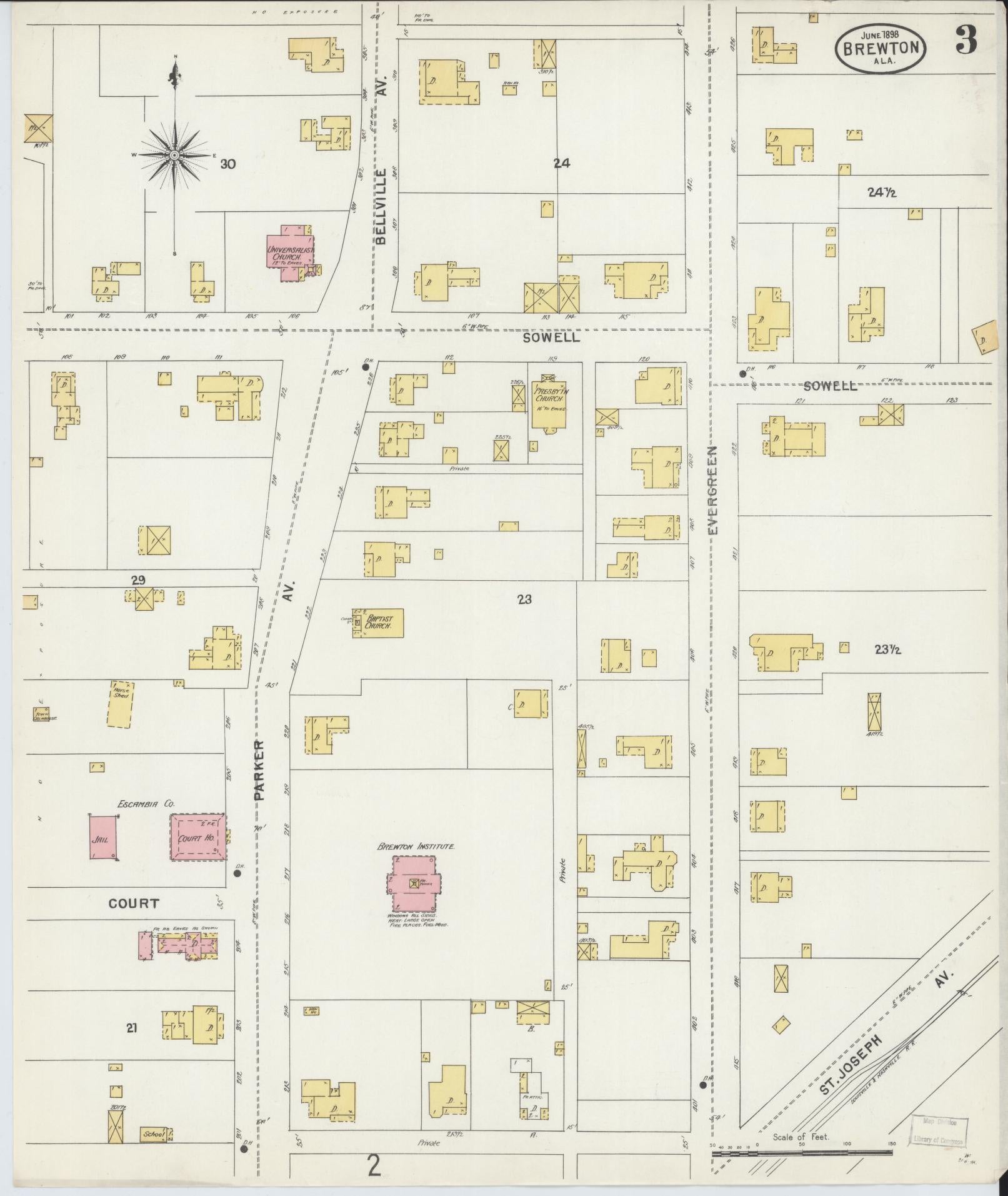 Sanborn Fire Insurance Map from Brewton, Escambia County, Alabama (1898), Sheet #0003 - Complete Map Set gallery image, historic Sanborn map, vintage wall art, Alabama Alabama