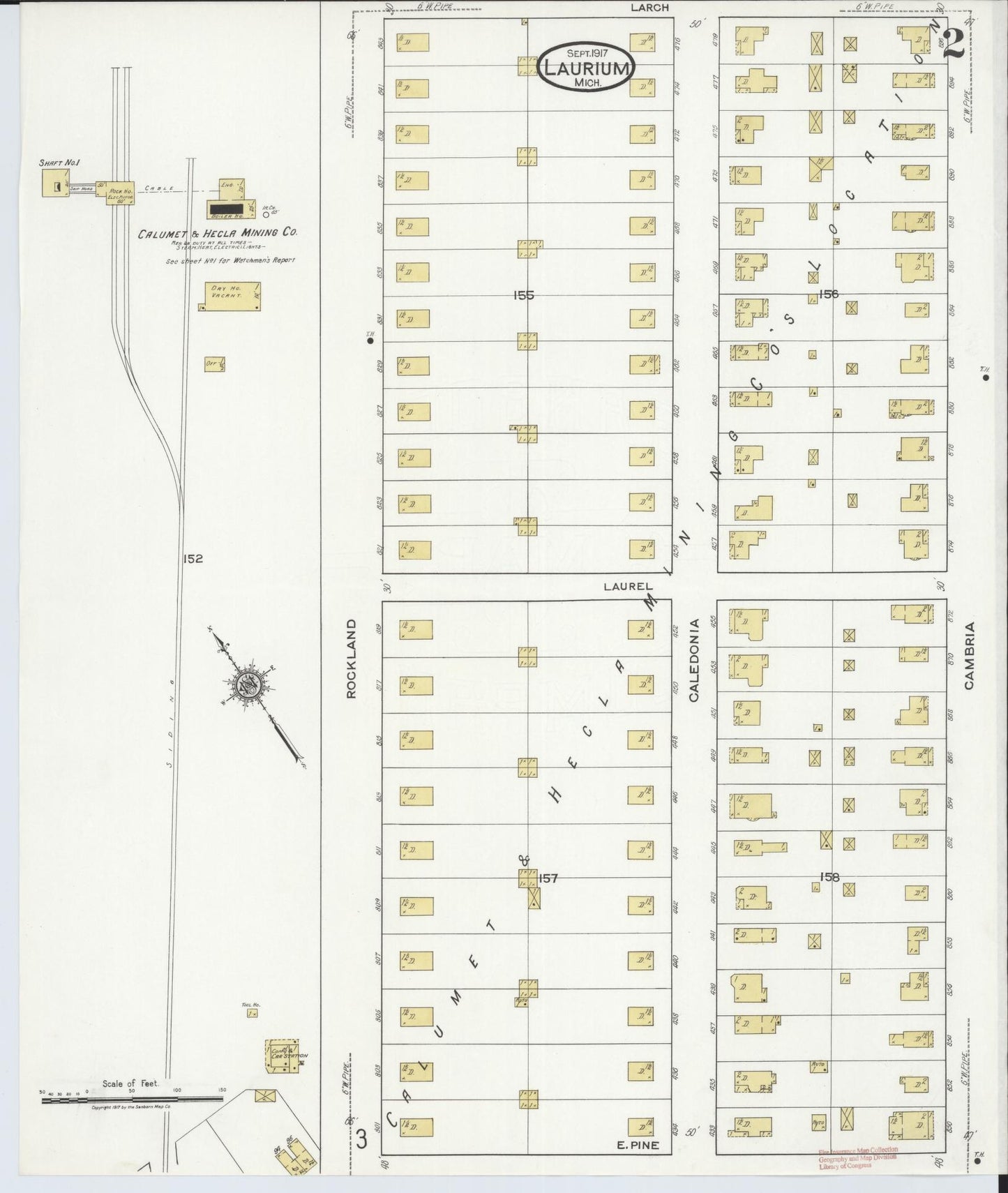 Sanborn Fire Insurance Map from Laurium, Houghton County, Michigan (1917), Sheet #0002 - Complete Map Set gallery image, historic Sanborn map, vintage wall art, Michigan Michigan