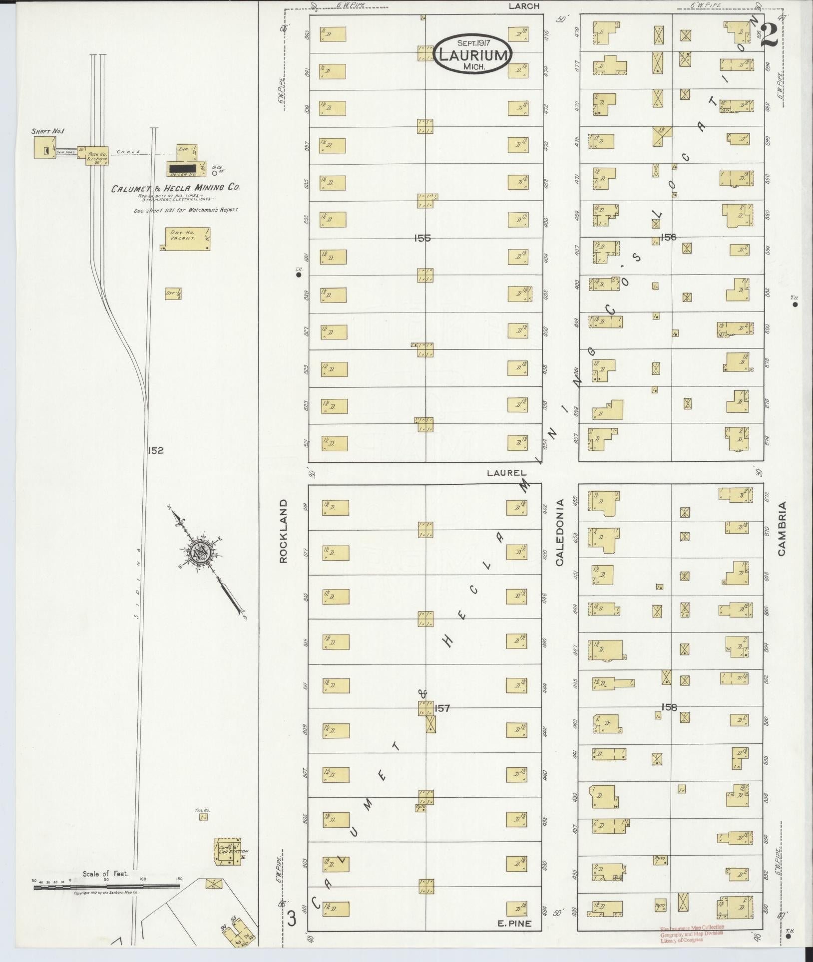 Sanborn Fire Insurance Map from Laurium, Houghton County, Michigan (1917), Sheet #0002 - Complete Map Set gallery image, historic Sanborn map, vintage wall art, Michigan Michigan