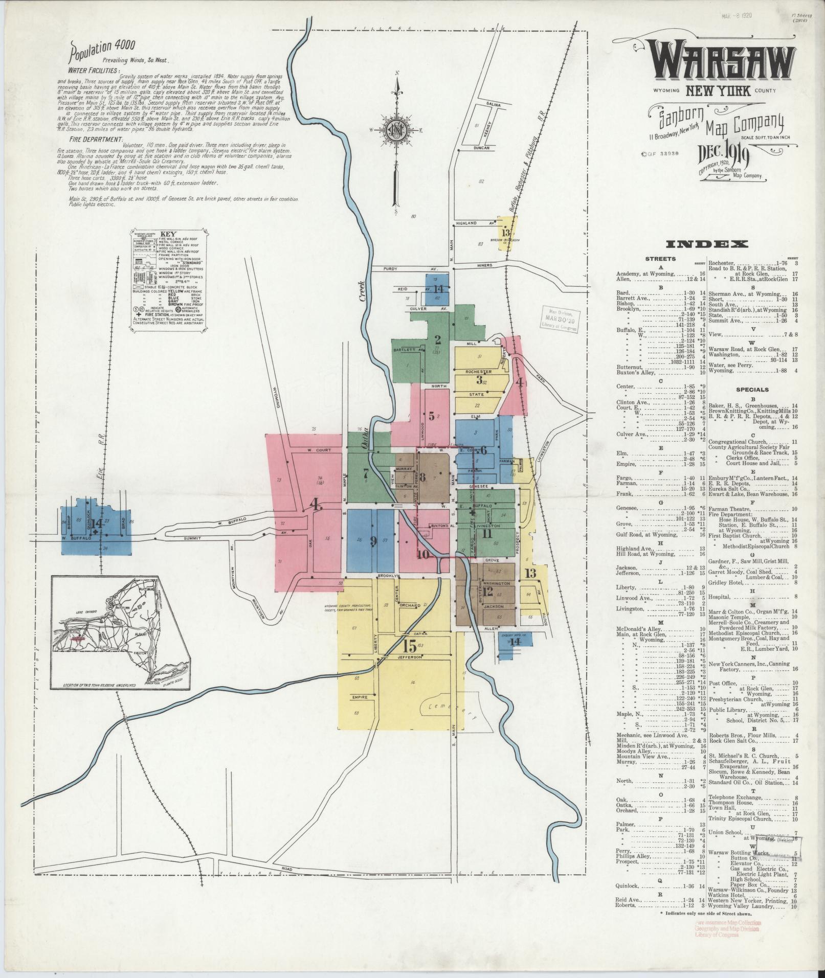 Sanborn Fire Insurance Map from Warsaw, Wyoming County, New York (1919), Sheet #0001 - Complete Map Set gallery image, historic Sanborn map, vintage wall art, Warsaw Wyoming