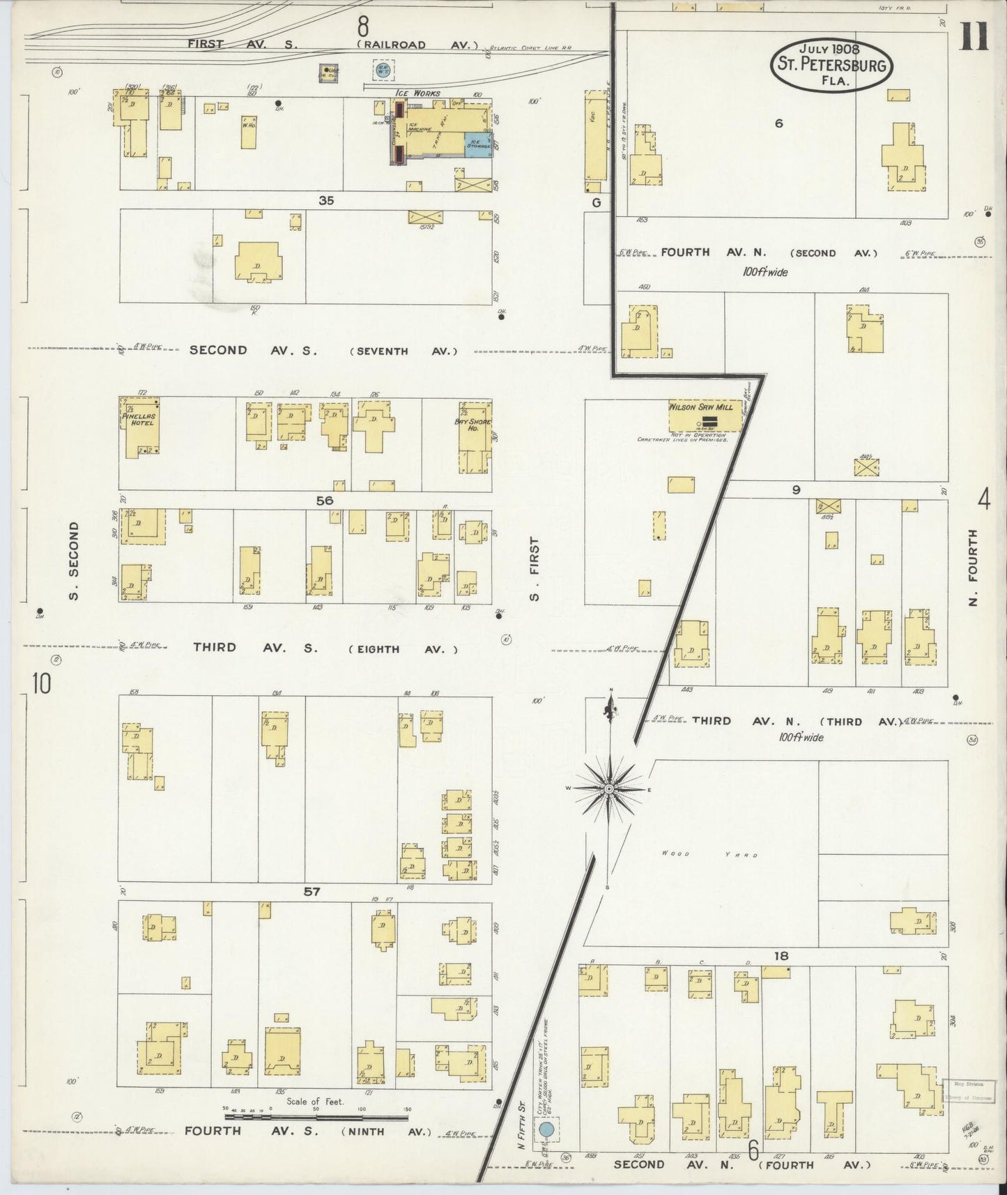 Sanborn Fire Insurance Map from Saint Petersburg, Pinellas County, Florida (1908), Sheet #0011 - Complete Map Set gallery image, historic Sanborn map, vintage wall art, Florida Florida
