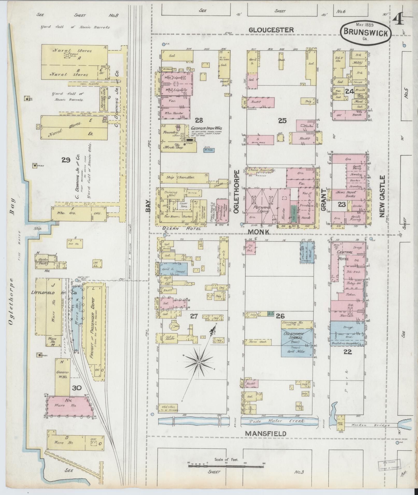 Sanborn Fire Insurance Map from Brunswick, Glynn County, Georgia (1889), Sheet #0004 - Complete Map Set gallery image, historic Sanborn map, vintage wall art, Georgia Georgia
